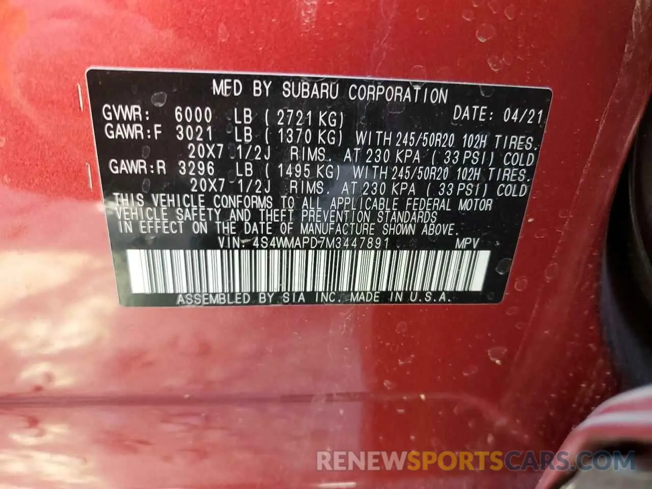 12 Photograph of a damaged car 4S4WMAPD7M3447891 SUBARU ASCENT 2021
