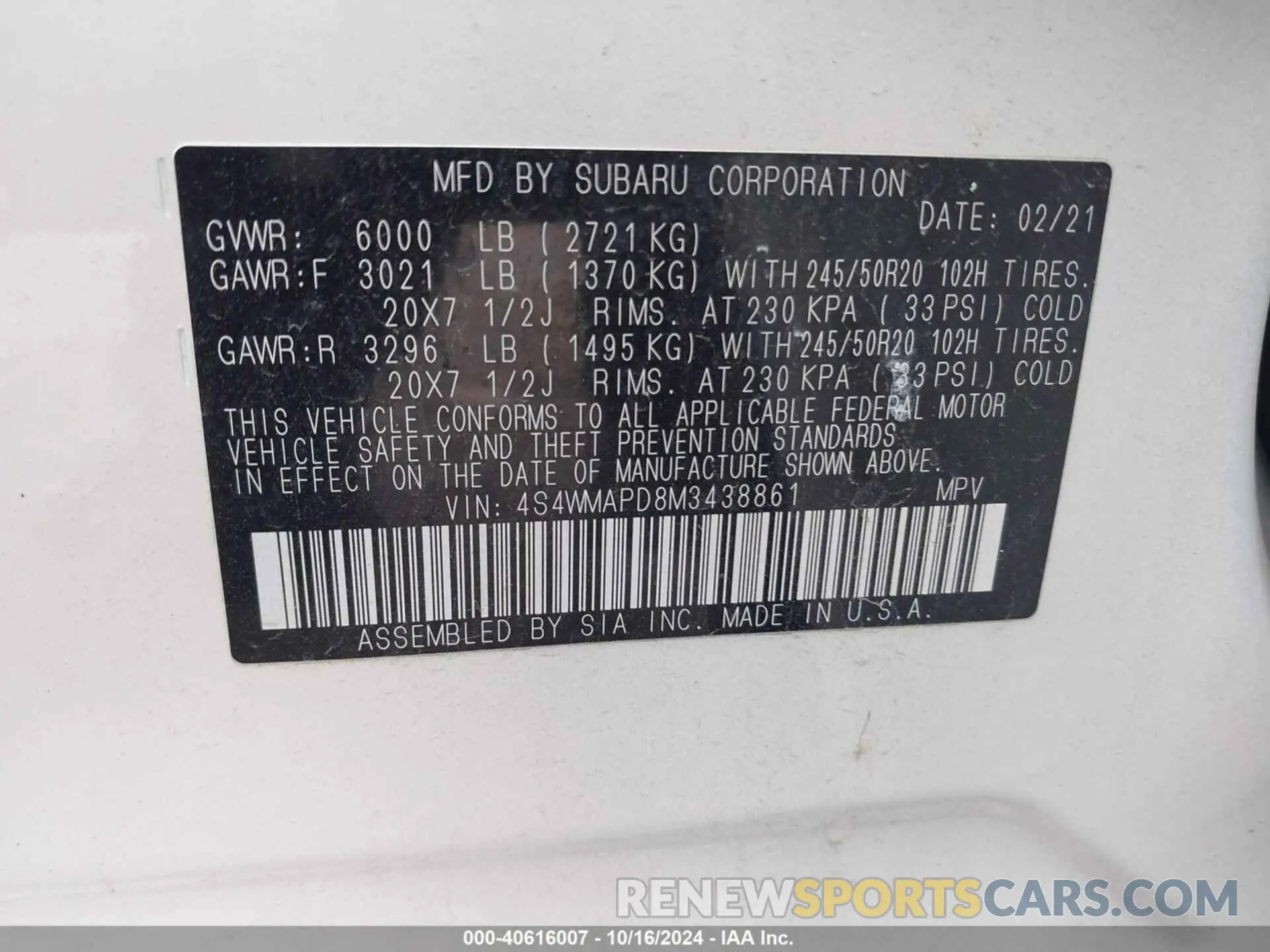 9 Photograph of a damaged car 4S4WMAPD8M3438861 SUBARU ASCENT 2021