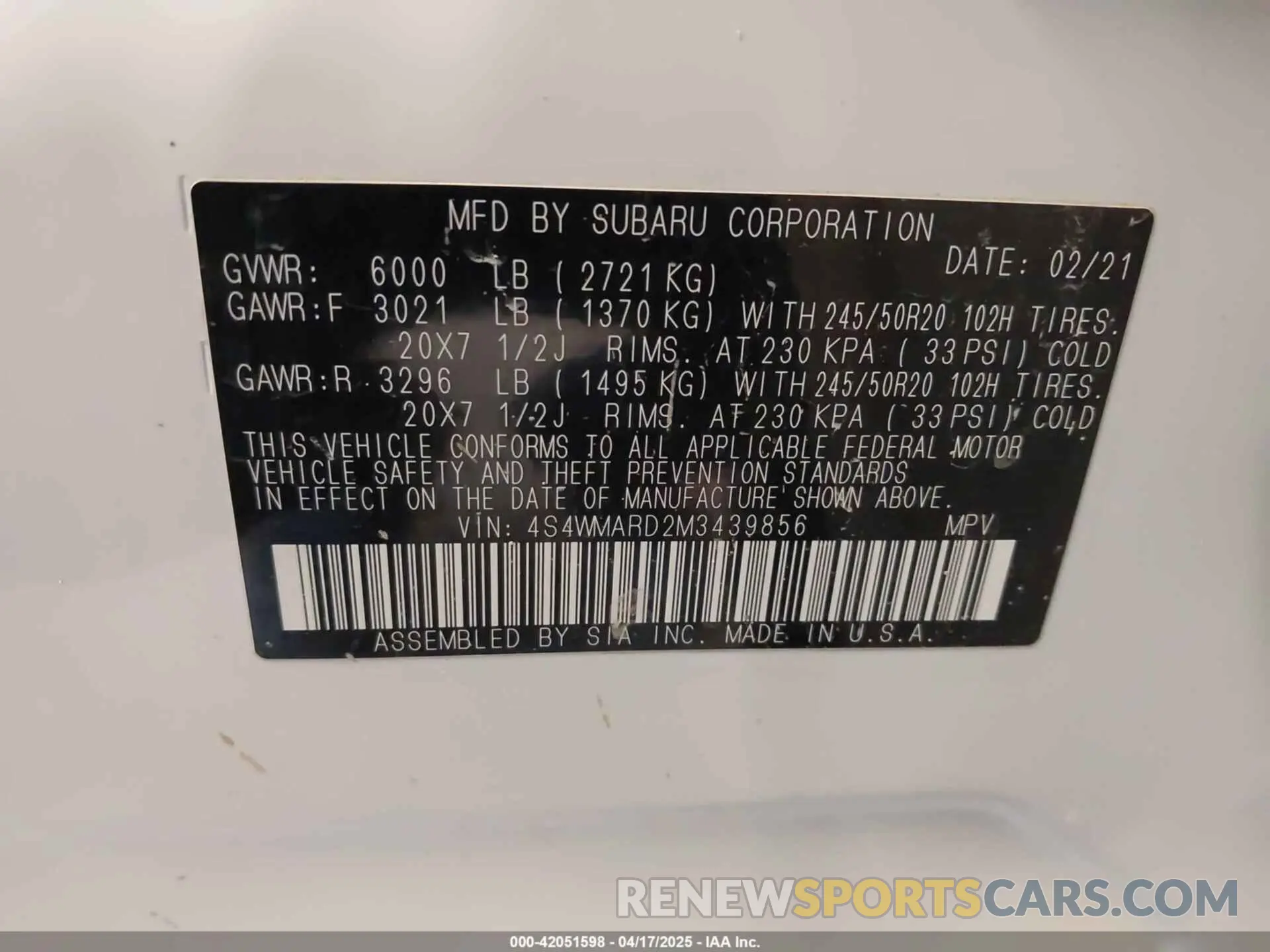 9 Фотография поврежденного автомобиля 4S4WMARD2M3439856 SUBARU ASCENT 2021