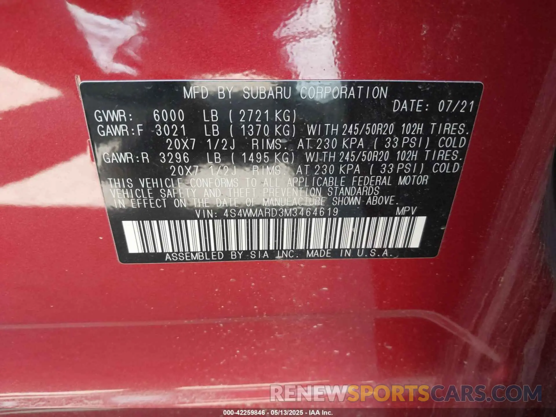 9 Photograph of a damaged car 4S4WMARD3M3464619 SUBARU ASCENT 2021