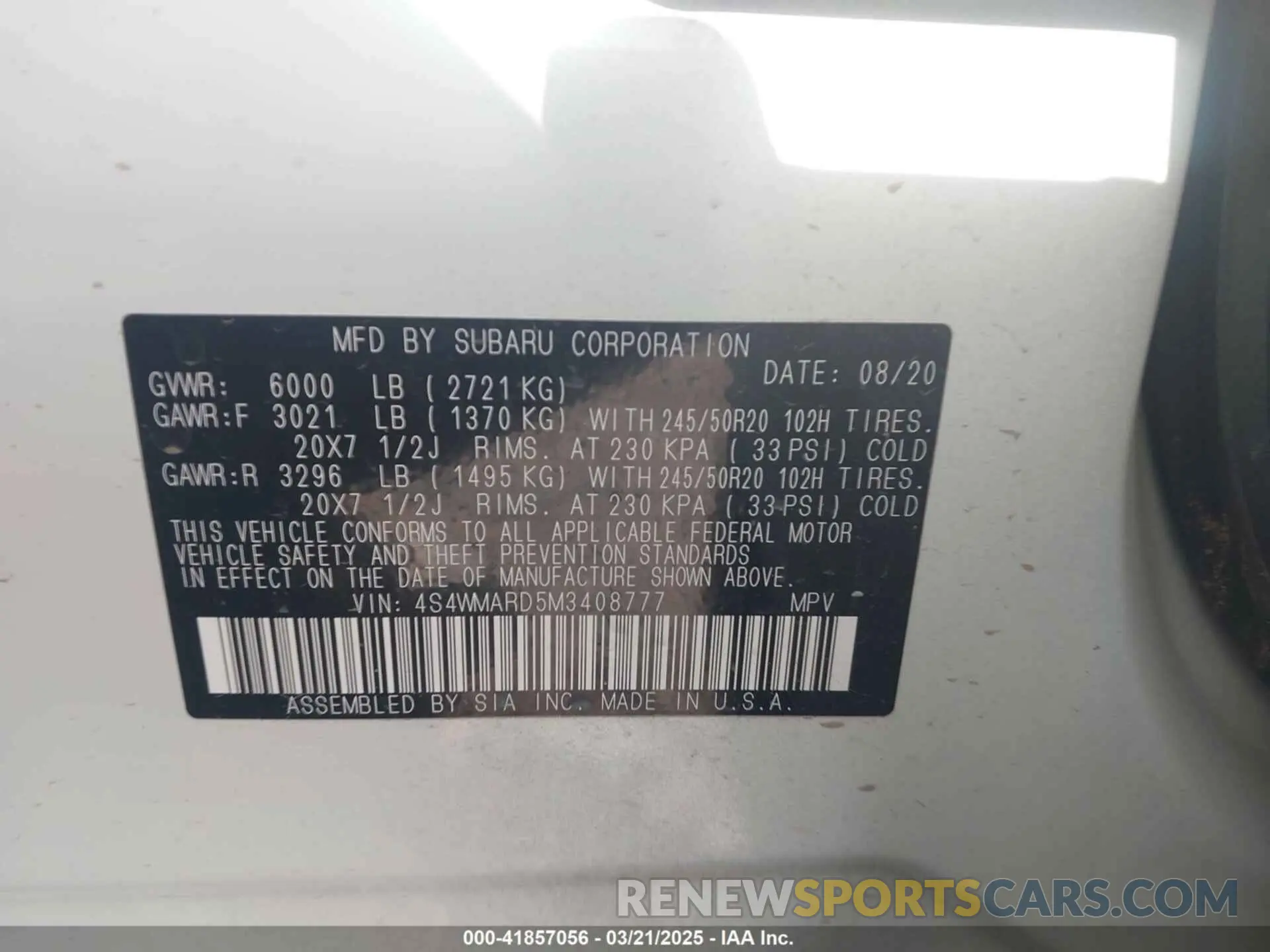 9 Photograph of a damaged car 4S4WMARD5M3408777 SUBARU ASCENT 2021