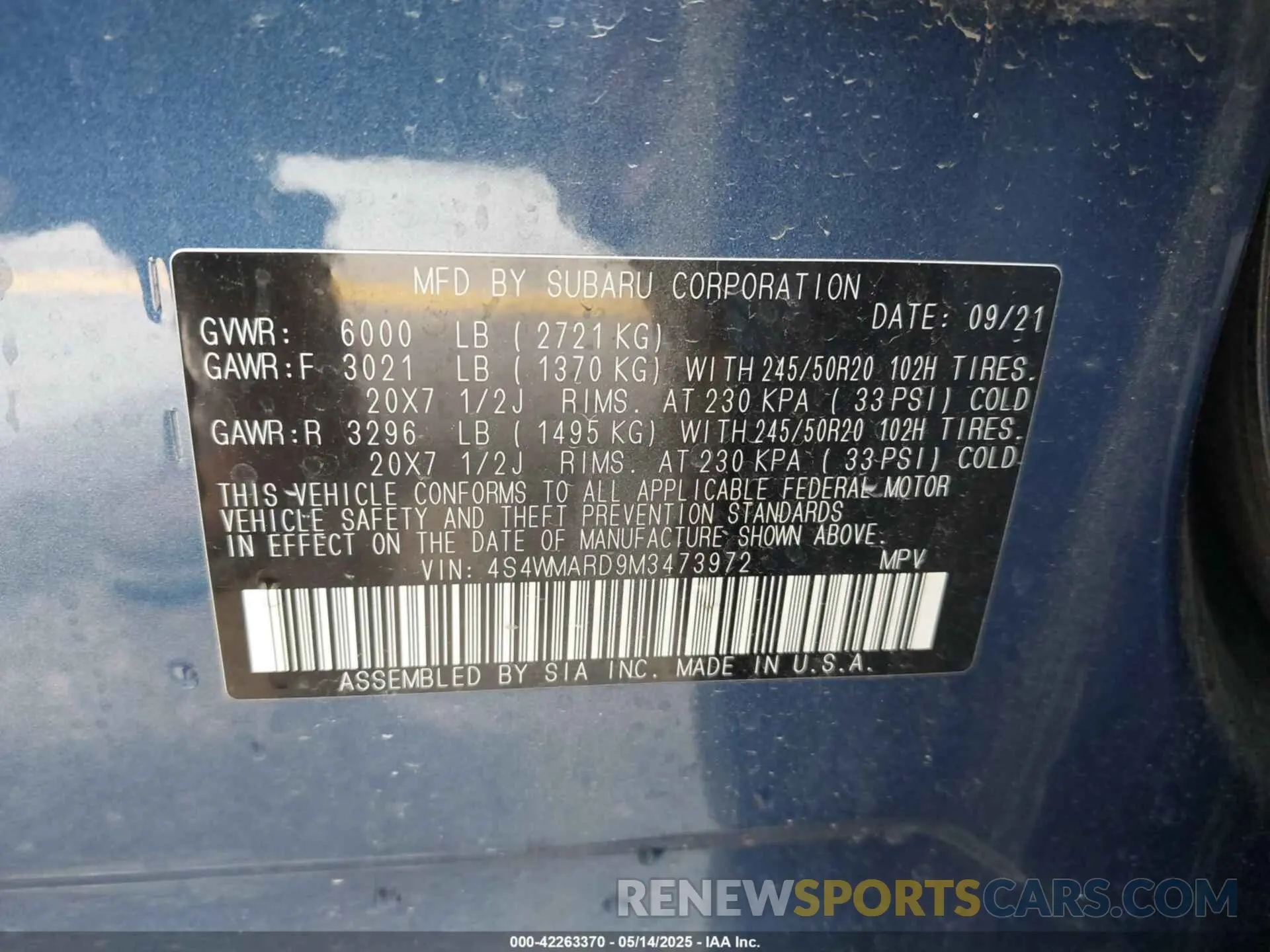 9 Photograph of a damaged car 4S4WMARD9M3473972 SUBARU ASCENT 2021