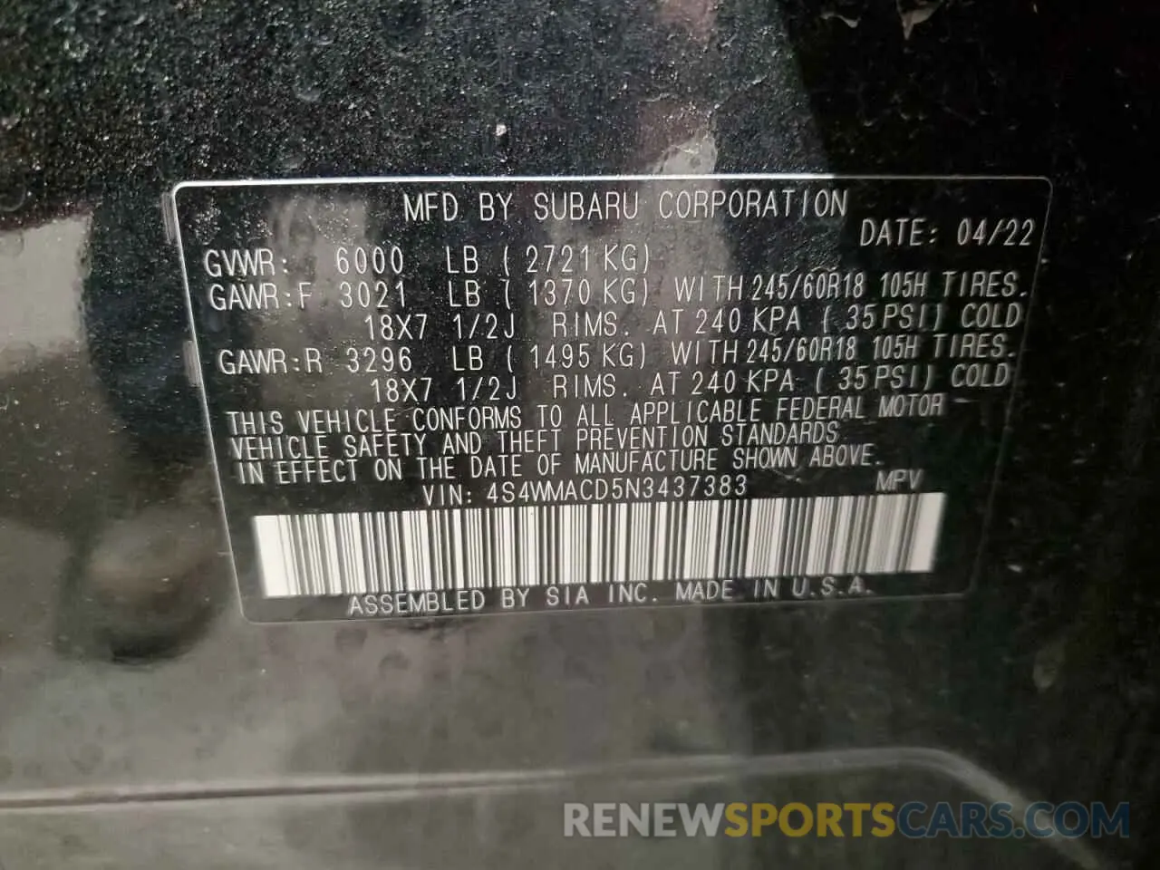 14 Photograph of a damaged car 4S4WMACD5N3437383 SUBARU ASCENT 2022