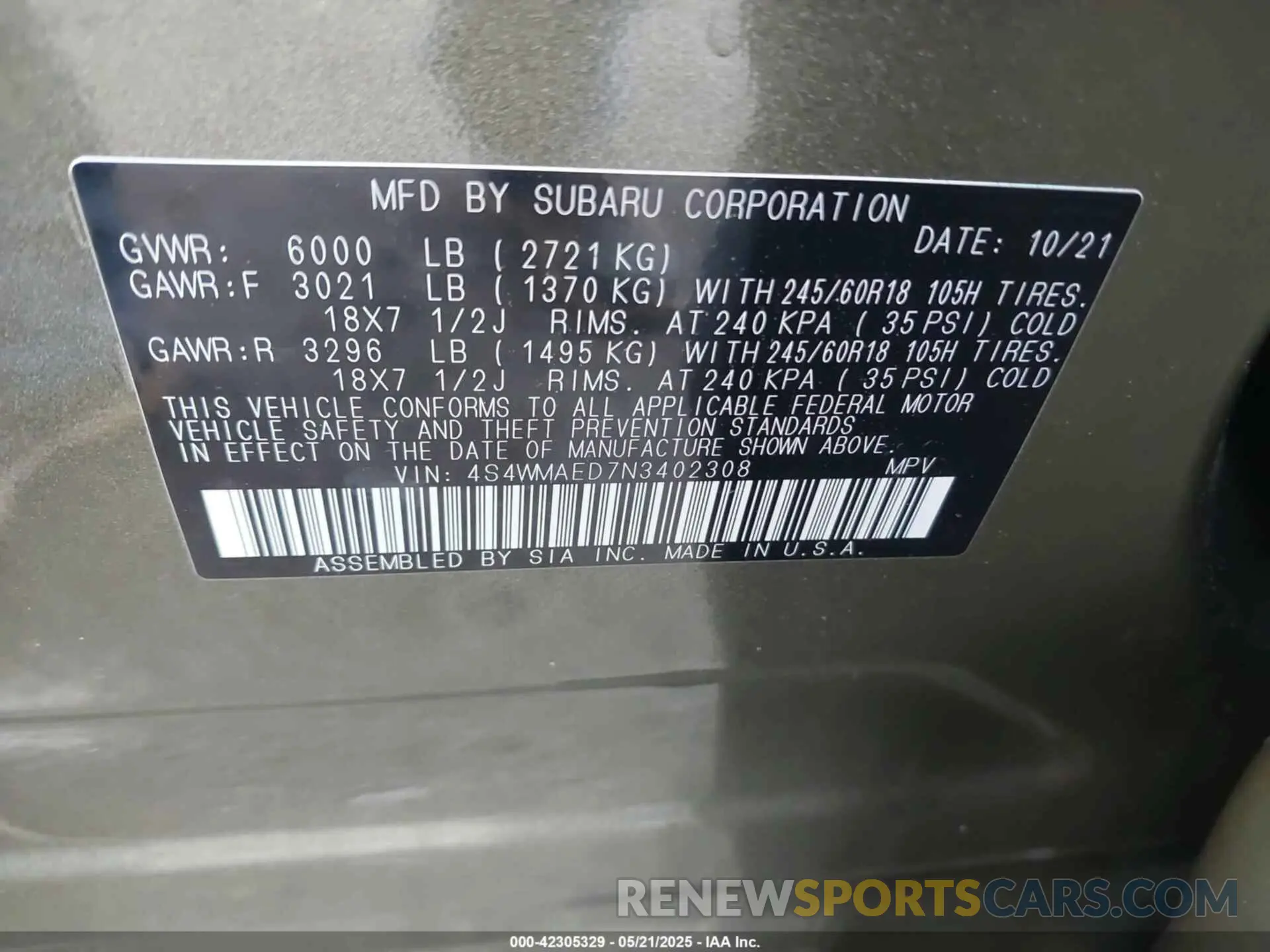 9 Фотография поврежденного автомобиля 4S4WMAED7N3402308 SUBARU ASCENT 2022
