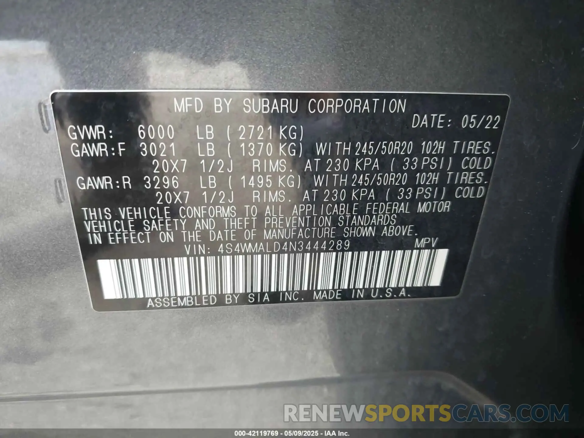 9 Фотография поврежденного автомобиля 4S4WMALD4N3444289 SUBARU ASCENT 2022