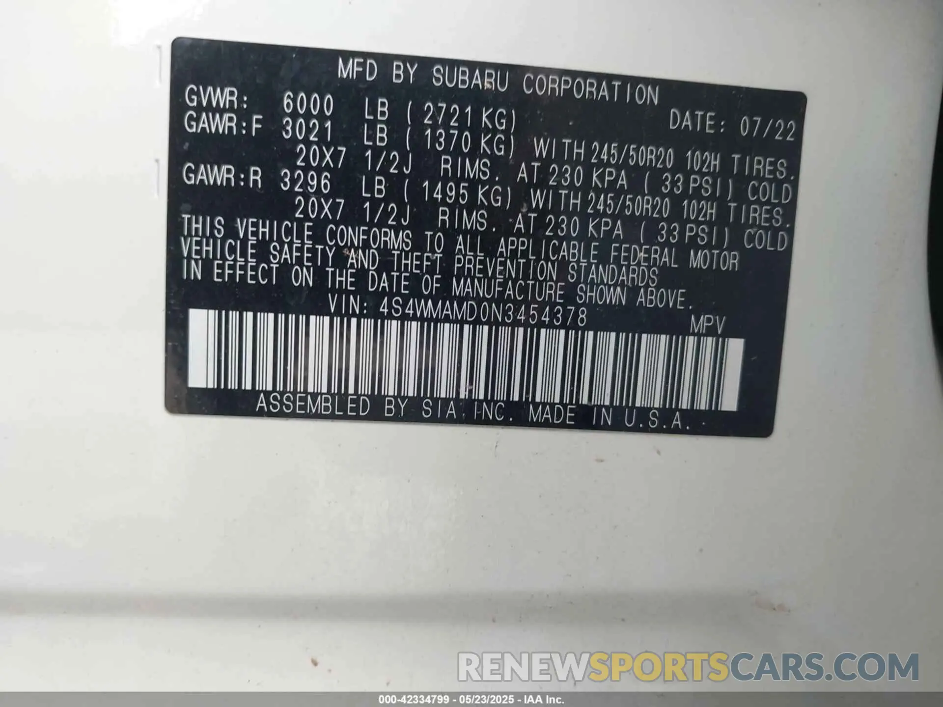 9 Фотография поврежденного автомобиля 4S4WMAMD0N3454378 SUBARU ASCENT 2022