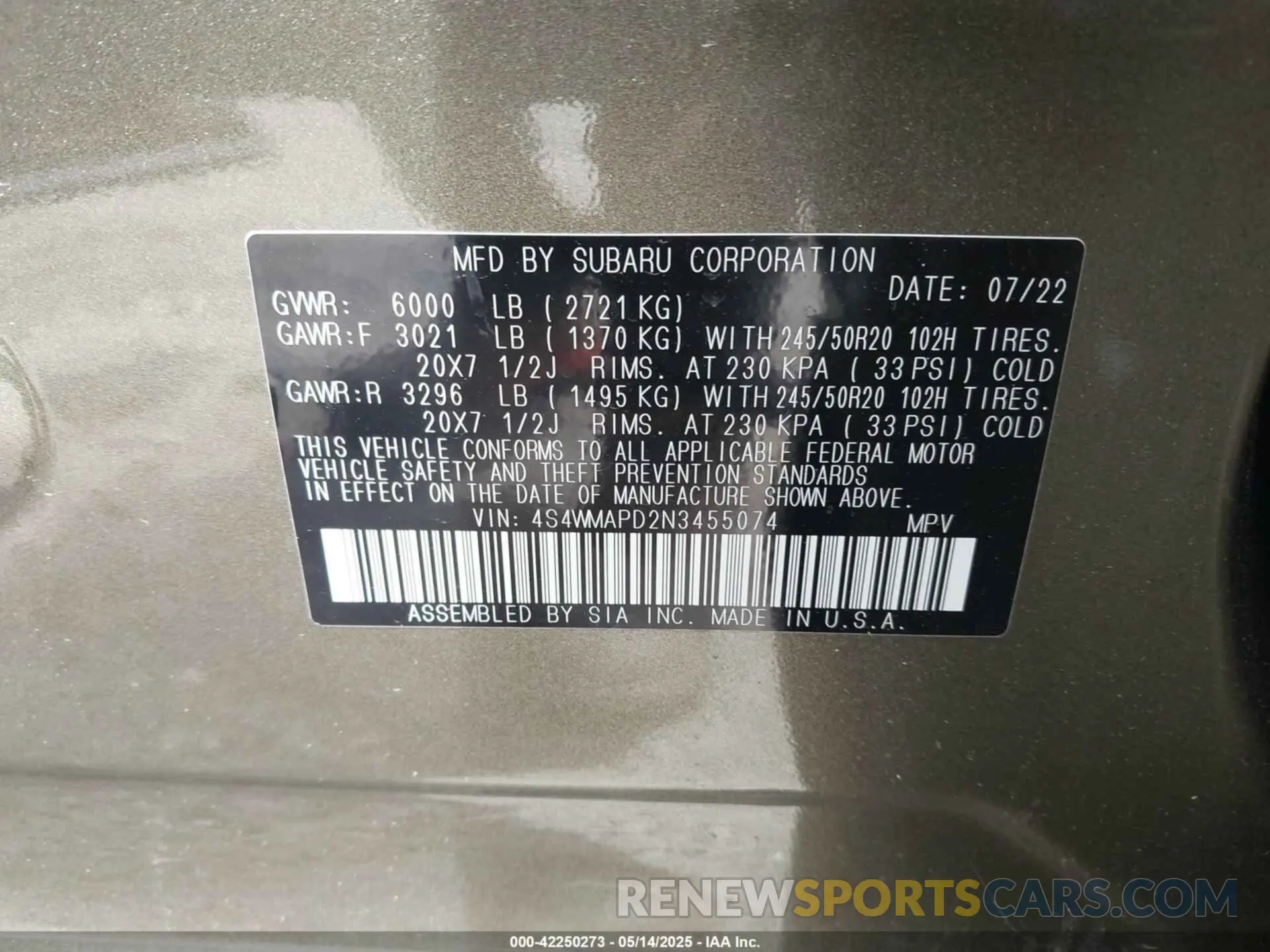 9 Photograph of a damaged car 4S4WMAPD2N3455074 SUBARU ASCENT 2022