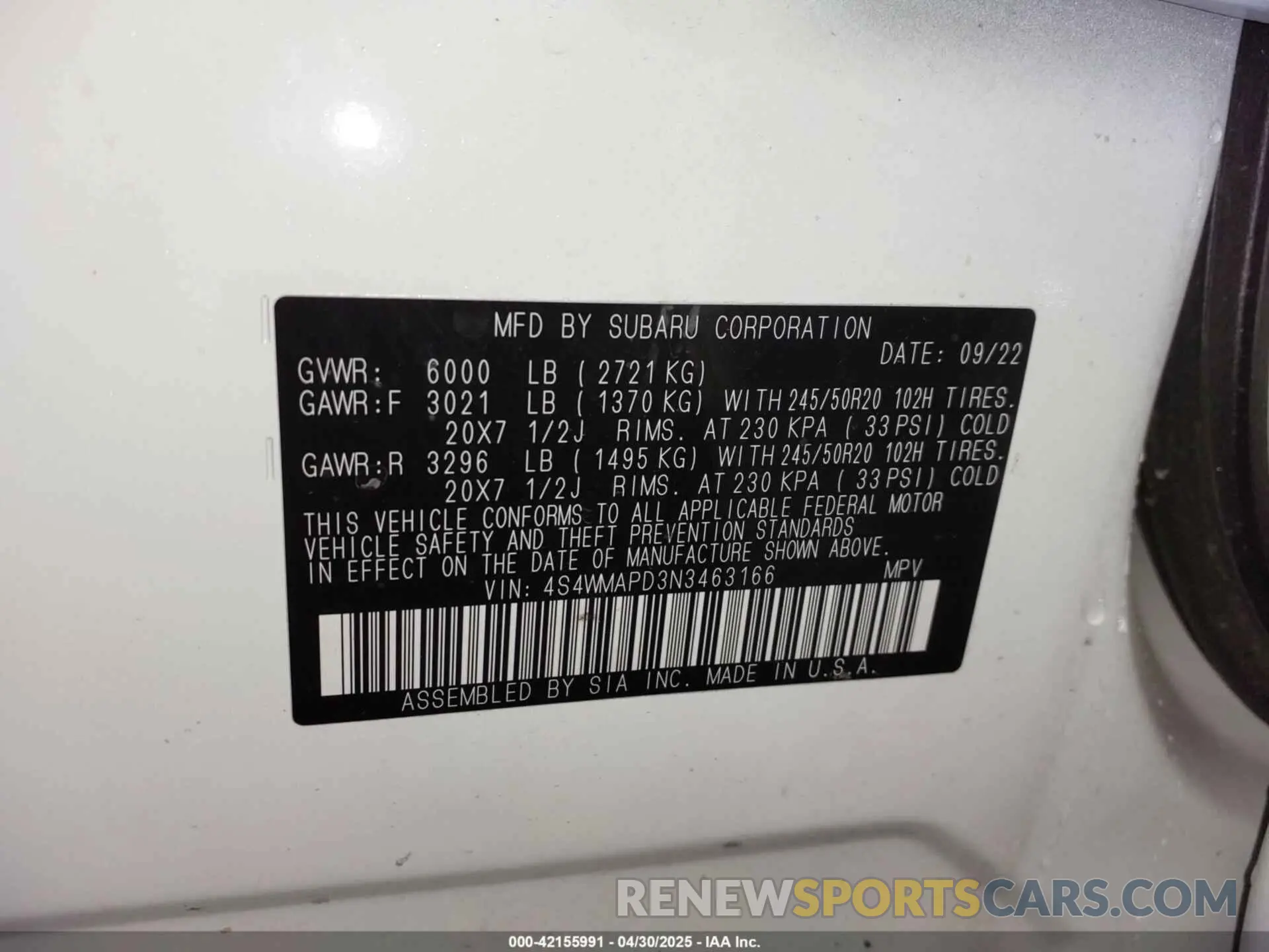 9 Photograph of a damaged car 4S4WMAPD3N3463166 SUBARU ASCENT 2022