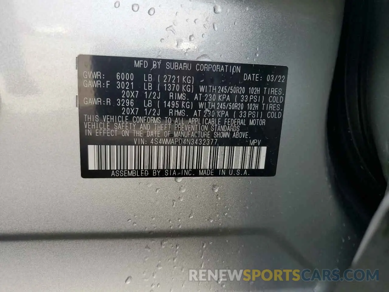 14 Photograph of a damaged car 4S4WMAPD4N3432377 SUBARU ASCENT 2022