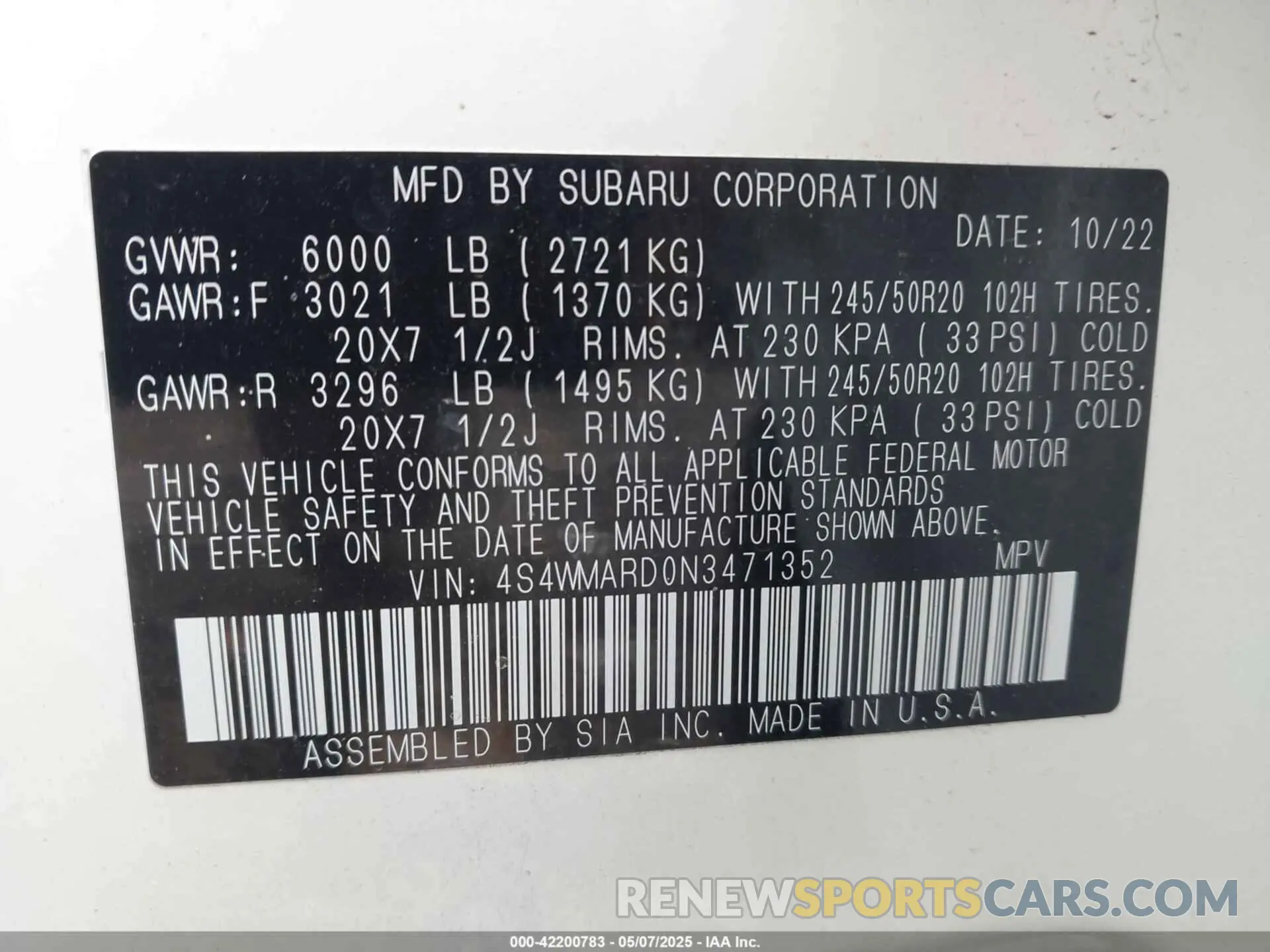 9 Photograph of a damaged car 4S4WMARD0N3471352 SUBARU ASCENT 2022