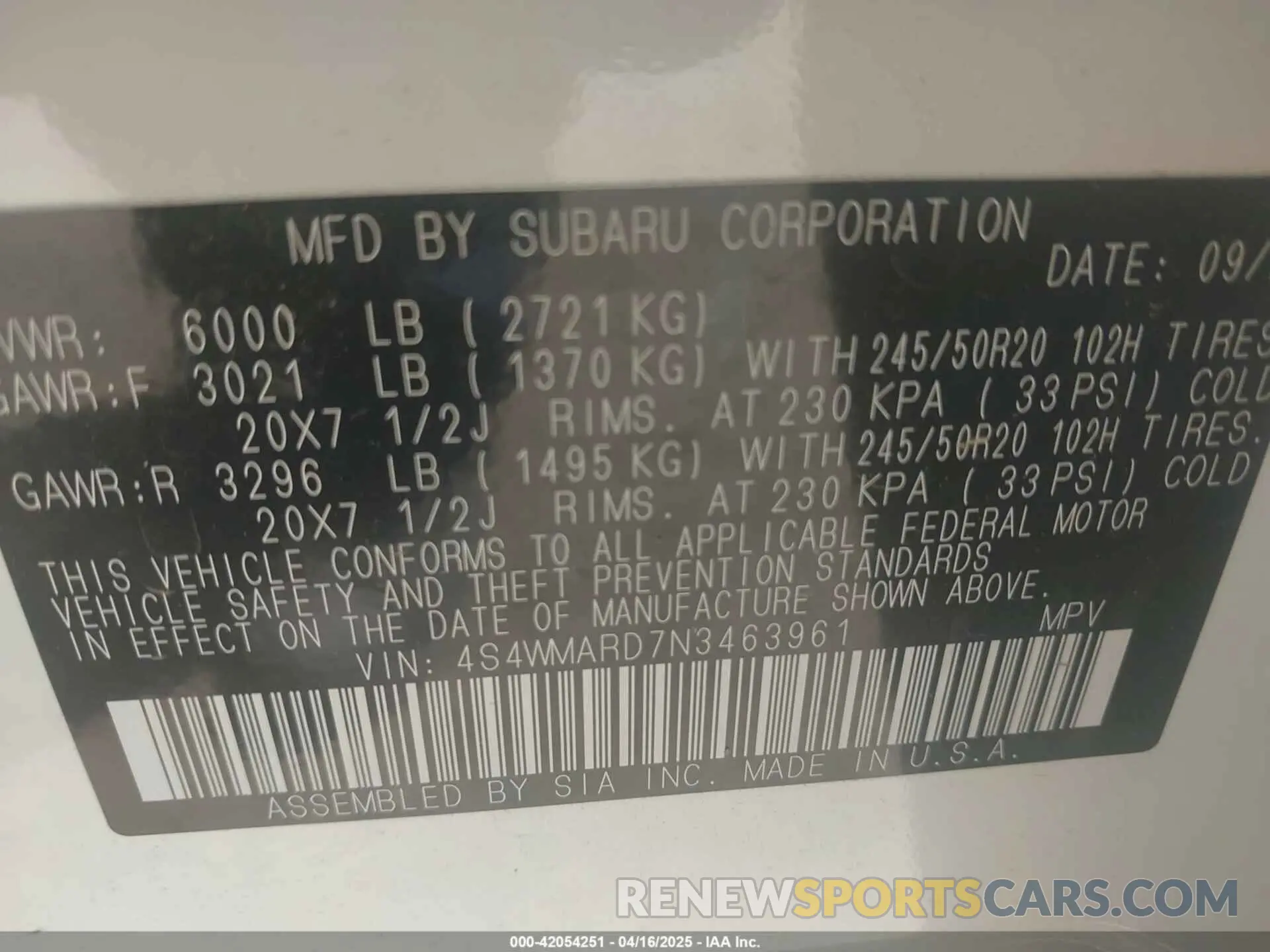 9 Photograph of a damaged car 4S4WMARD7N3463961 SUBARU ASCENT 2022