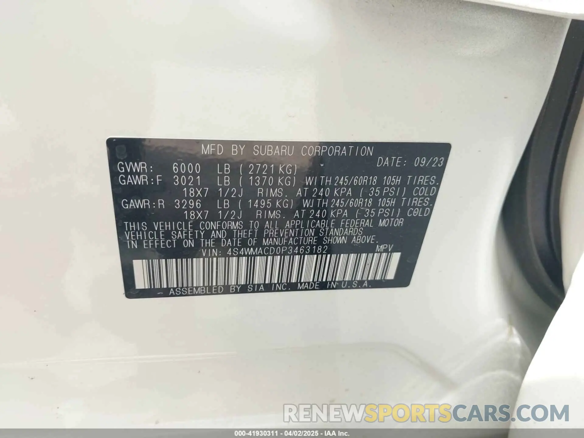 9 Фотография поврежденного автомобиля 4S4WMACD0P3463182 SUBARU ASCENT 2023