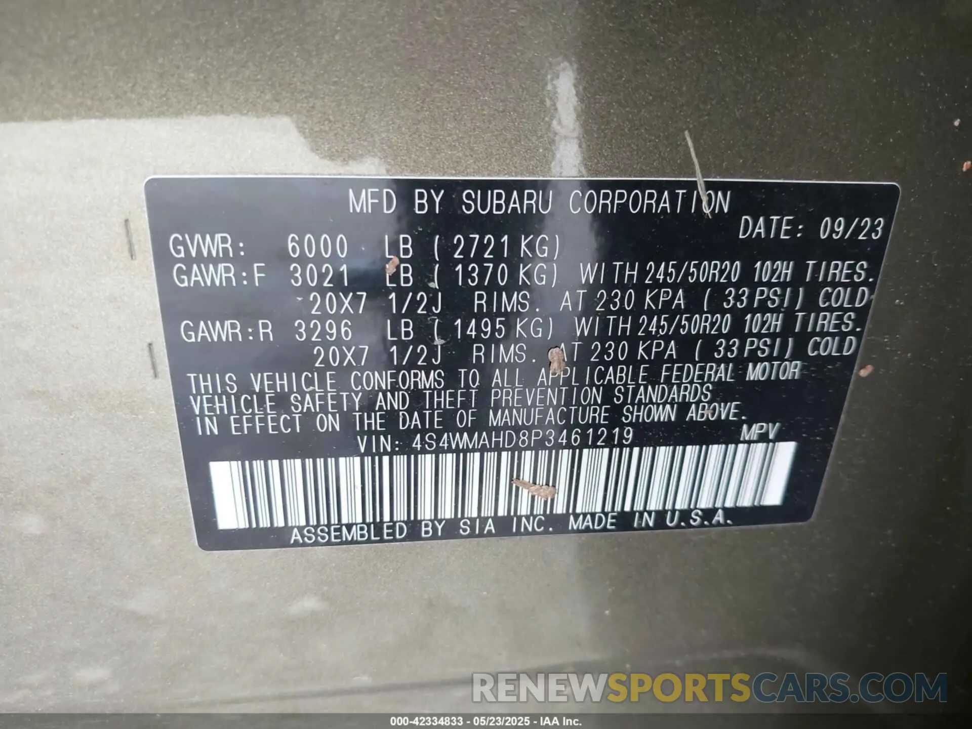 9 Фотография поврежденного автомобиля 4S4WMAHD8P3461219 SUBARU ASCENT 2023