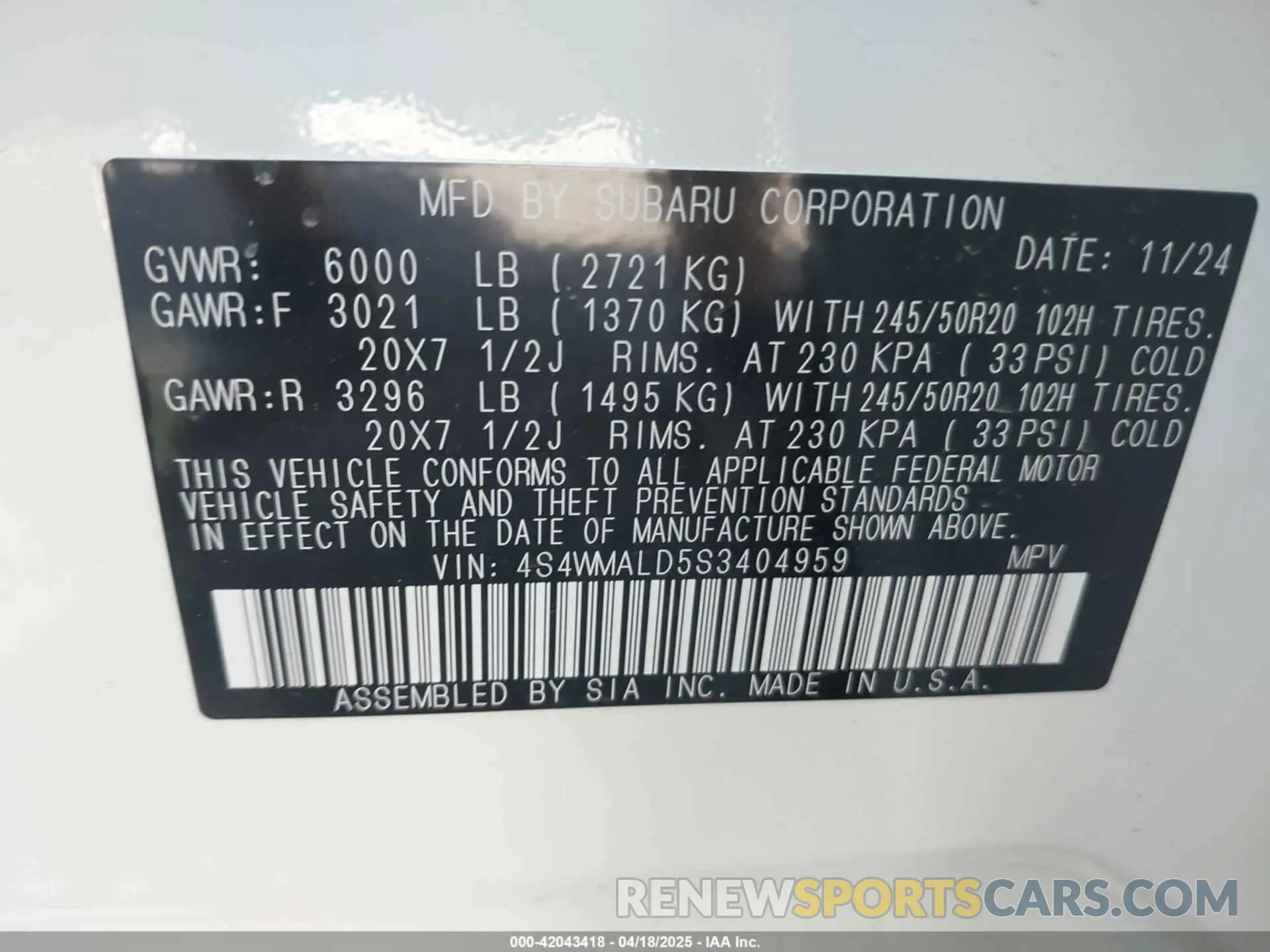 9 Photograph of a damaged car 4S4WMALD5S3404959 SUBARU ASCENT 2025