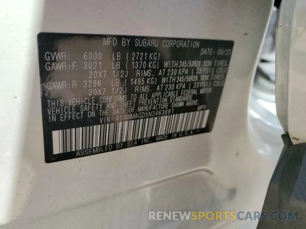 12 Фотография поврежденного автомобиля 4S4WMAGD5N3463881 SUBARU ASCENT ONY 2022
