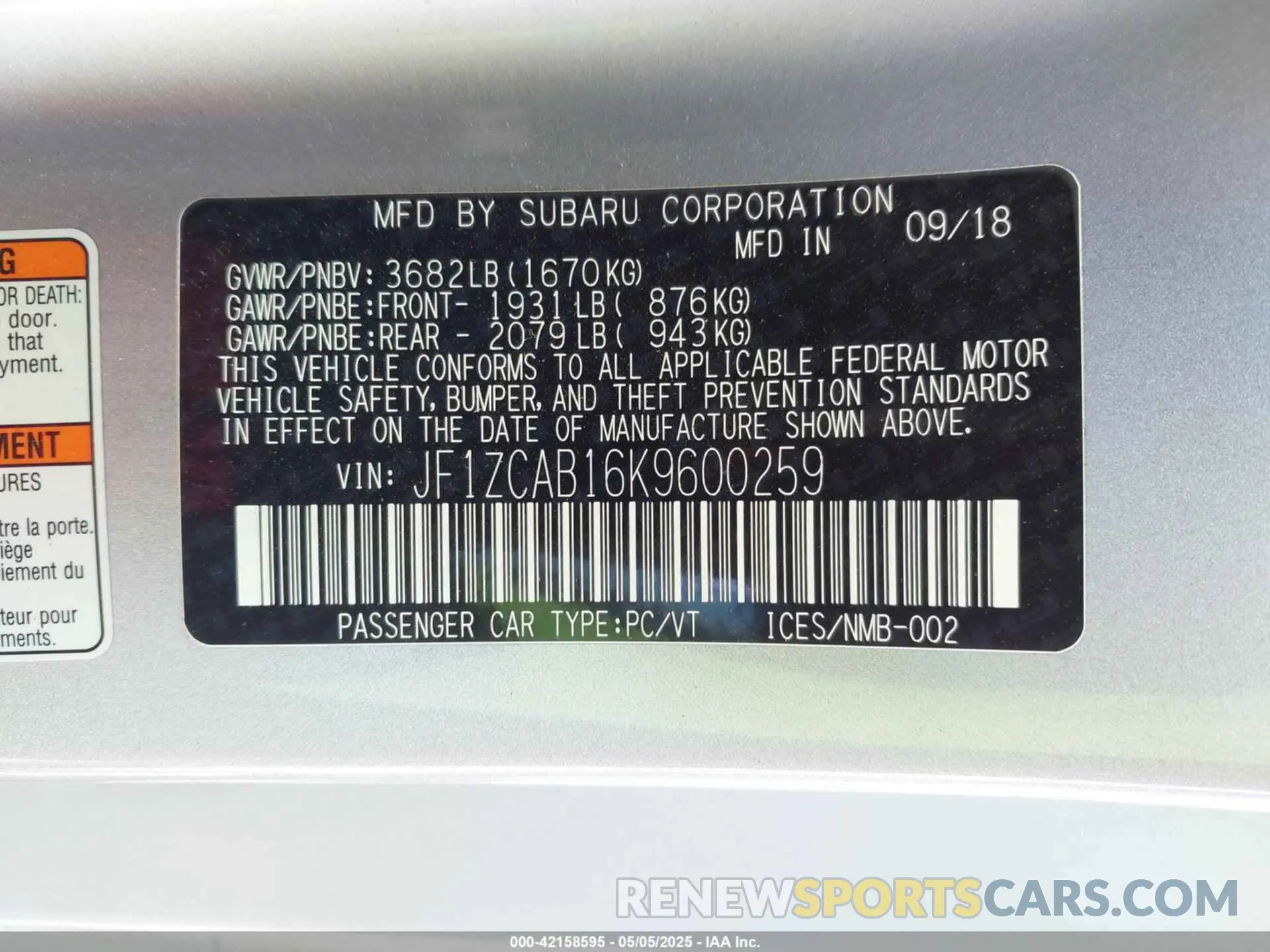 9 Photograph of a damaged car JF1ZCAB16K9600259 SUBARU BRZ 2019