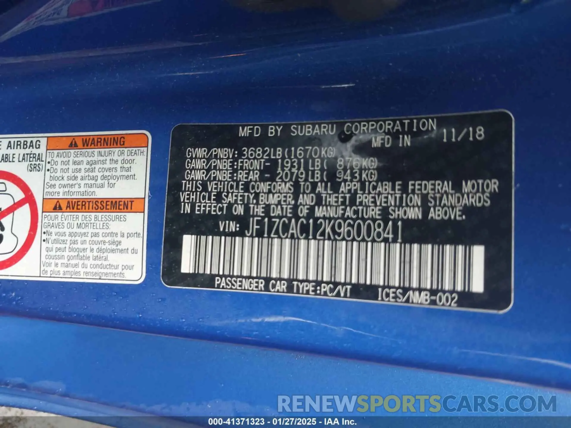 9 Photograph of a damaged car JF1ZCAC12K9600841 SUBARU BRZ 2019