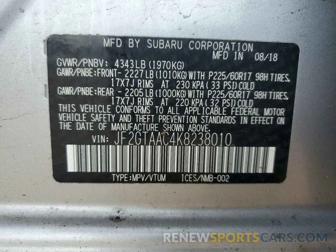 12 Фотография поврежденного автомобиля JF2GTAAC4K8238010 SUBARU CROSSTREK 2019