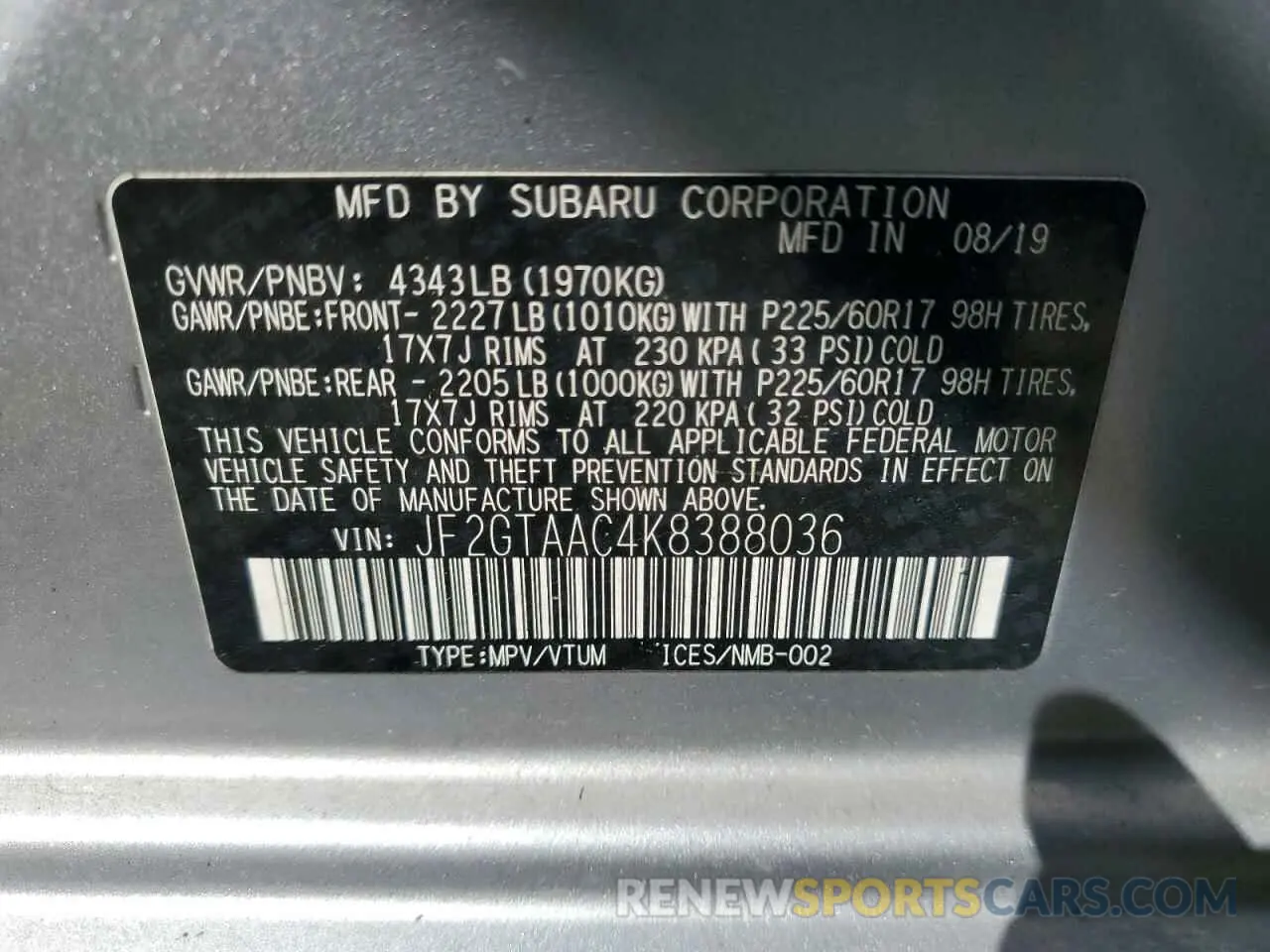 13 Фотография поврежденного автомобиля JF2GTAAC4K8388036 SUBARU CROSSTREK 2019
