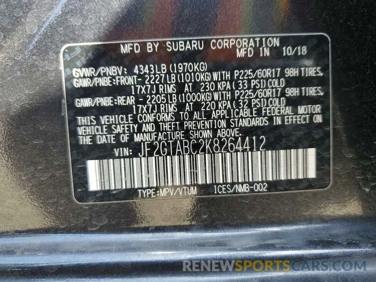 15 Photograph of a damaged car JF2GTABC2K8264412 SUBARU CROSSTREK 2019
