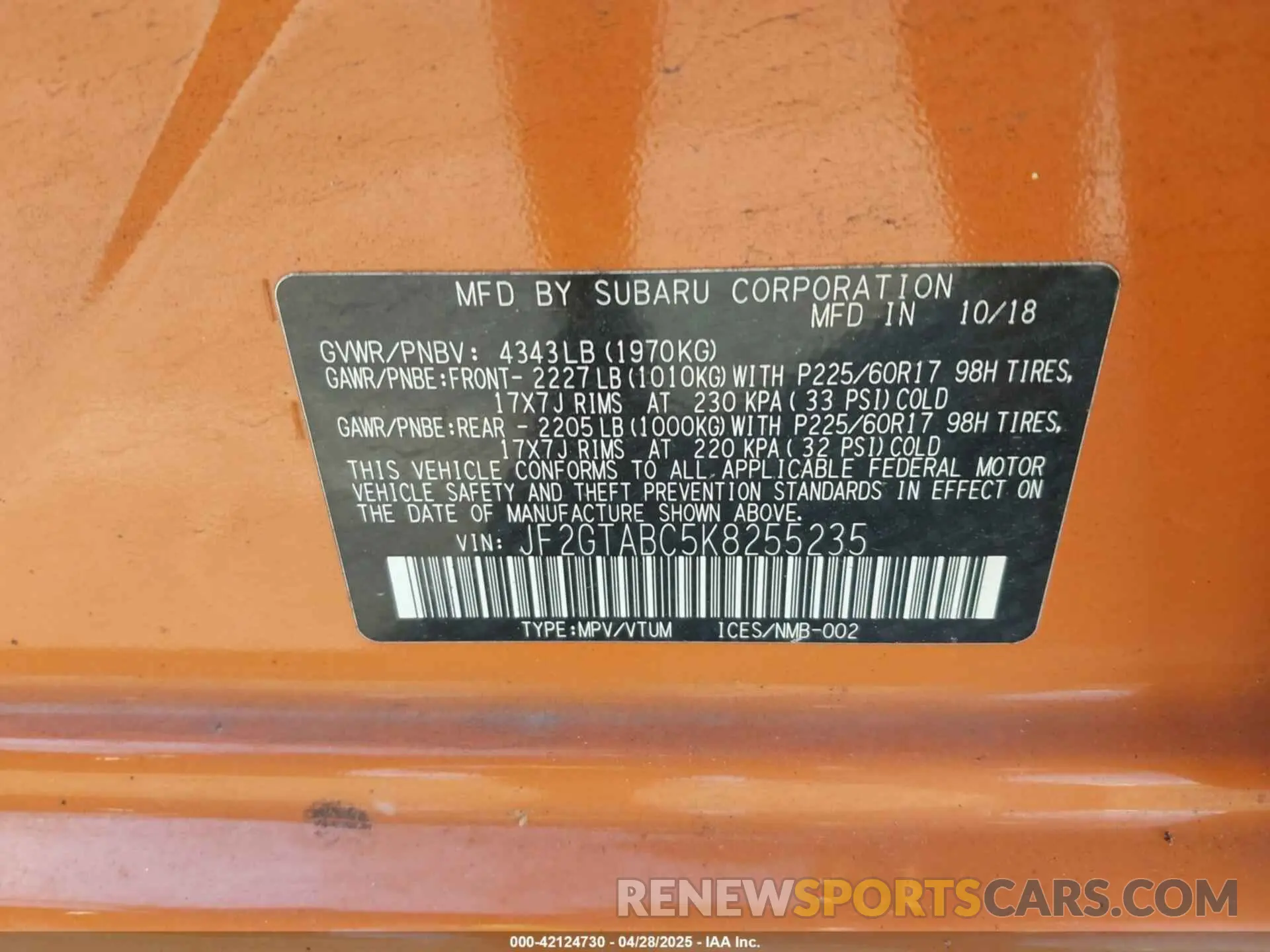 9 Photograph of a damaged car JF2GTABC5K8255235 SUBARU CROSSTREK 2019