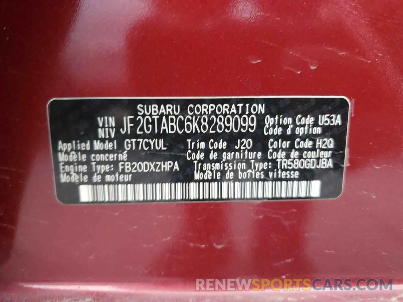 15 Photograph of a damaged car JF2GTABC6K8289099 SUBARU CROSSTREK 2019