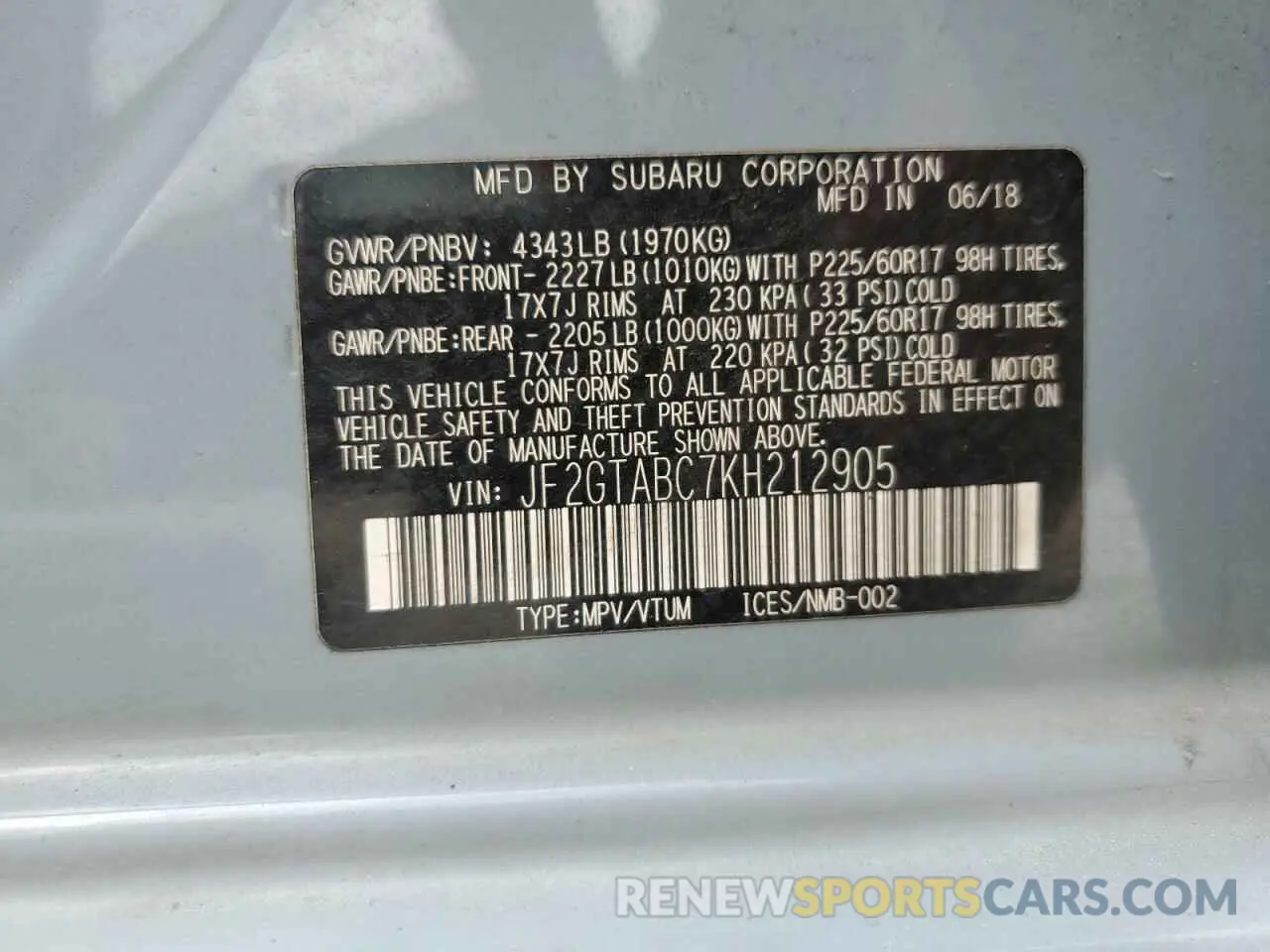 13 Photograph of a damaged car JF2GTABC7KH212905 SUBARU CROSSTREK 2019