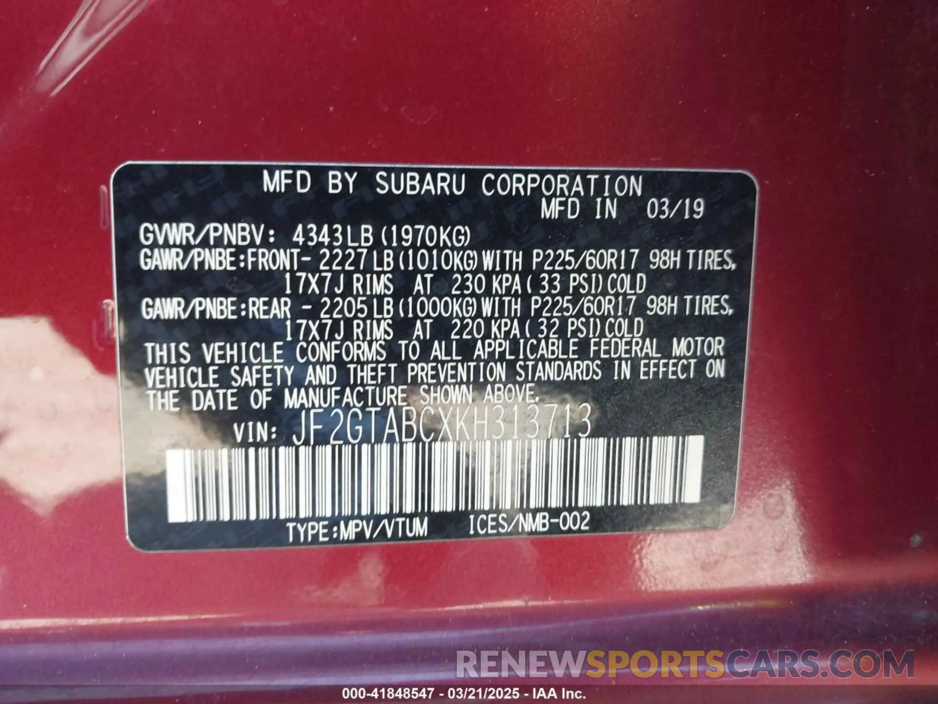 9 Photograph of a damaged car JF2GTABCXKH313713 SUBARU CROSSTREK 2019