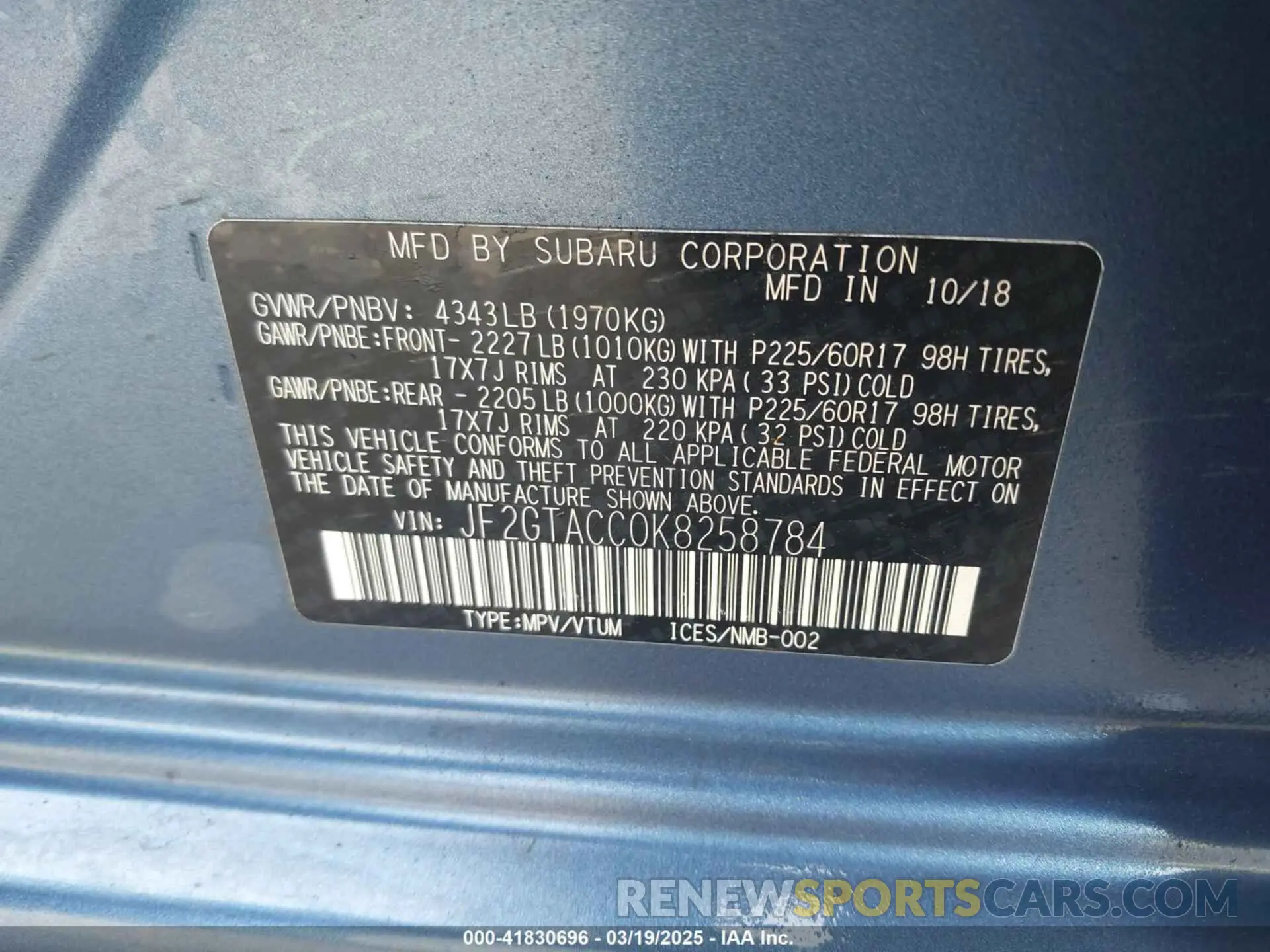 9 Photograph of a damaged car JF2GTACC0K8258784 SUBARU CROSSTREK 2019