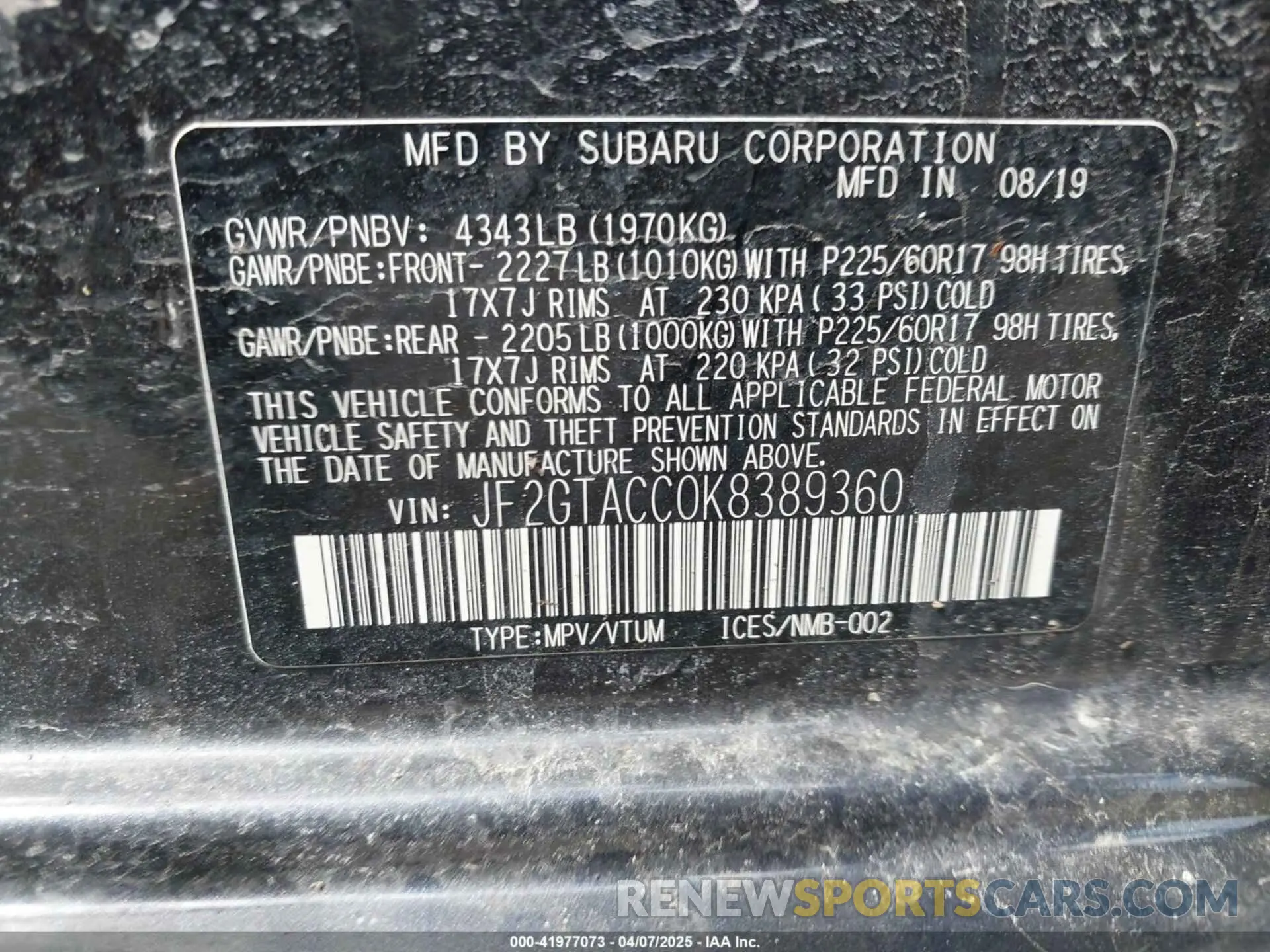9 Фотография поврежденного автомобиля JF2GTACC0K8389360 SUBARU CROSSTREK 2019