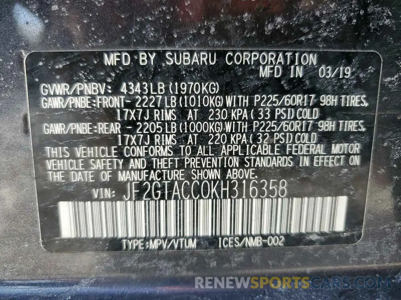 13 Фотография поврежденного автомобиля JF2GTACC0KH316358 SUBARU CROSSTREK 2019