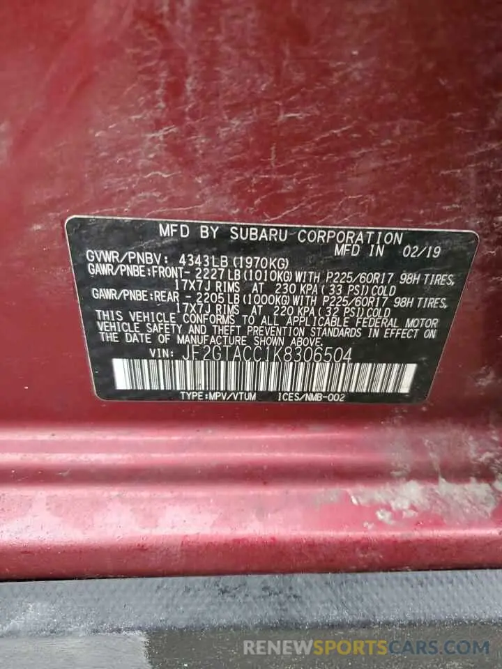 13 Photograph of a damaged car JF2GTACC1K8306504 SUBARU CROSSTREK 2019
