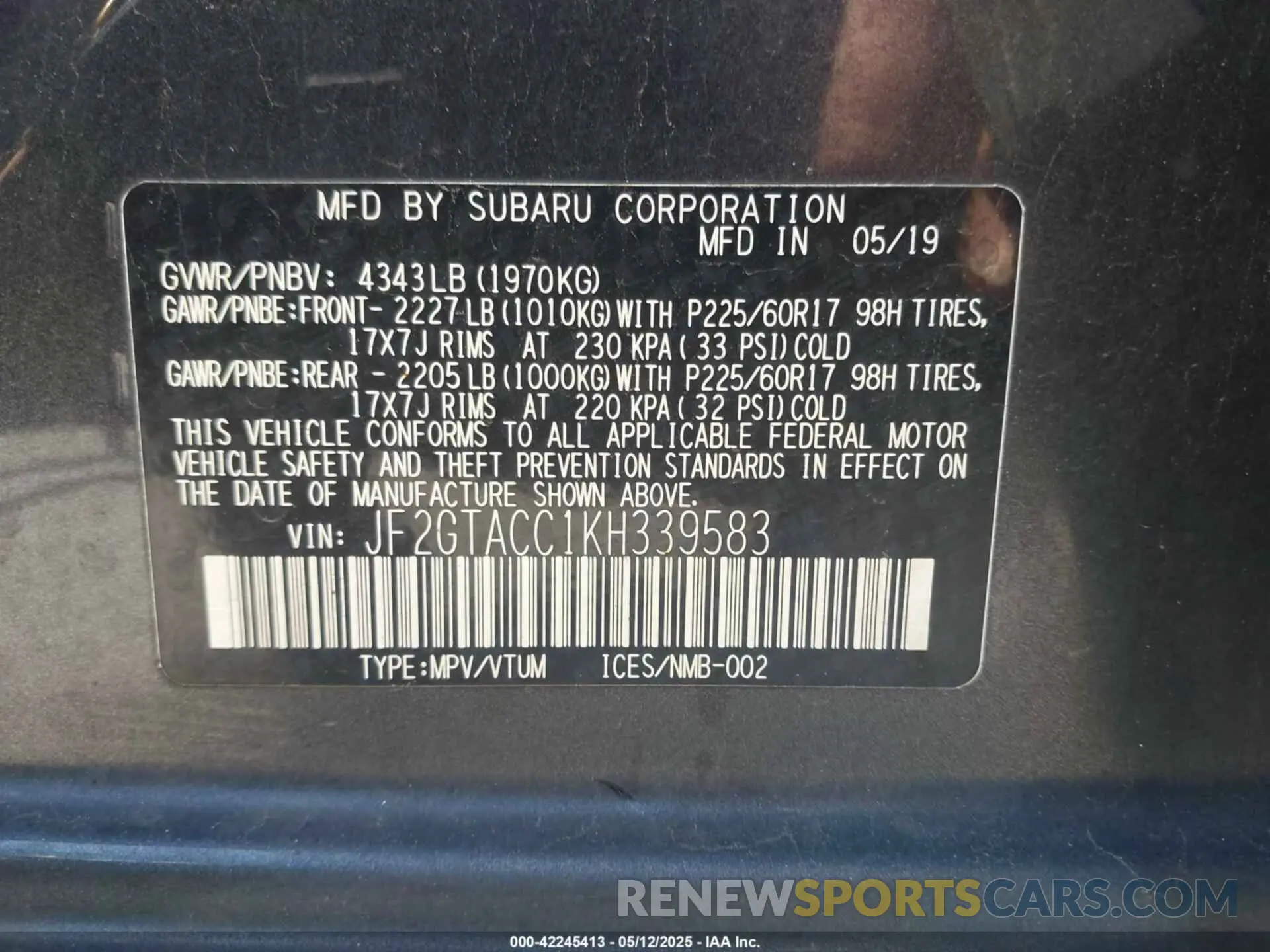 9 Фотография поврежденного автомобиля JF2GTACC1KH339583 SUBARU CROSSTREK 2019