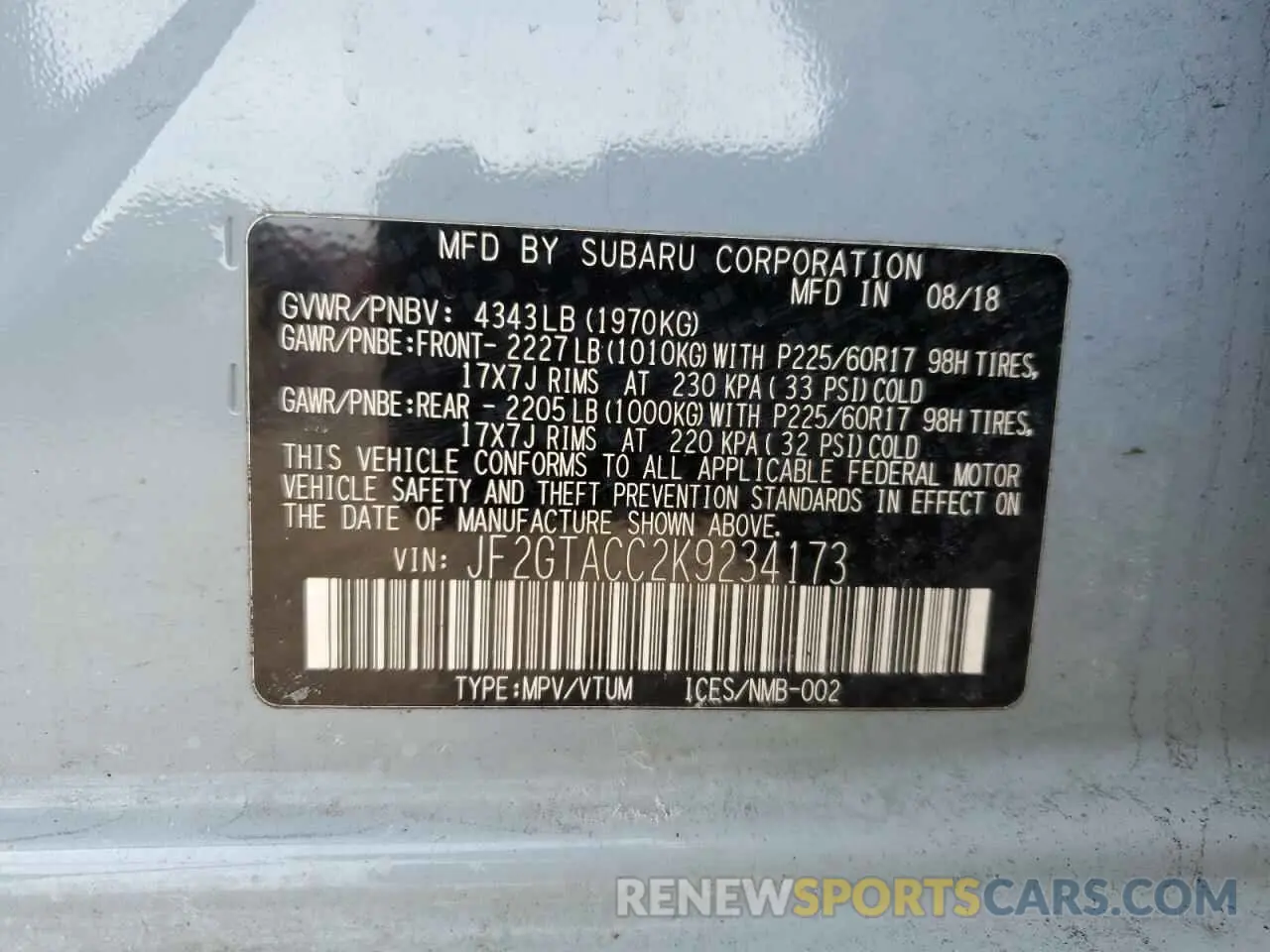 14 Photograph of a damaged car JF2GTACC2K9234173 SUBARU CROSSTREK 2019