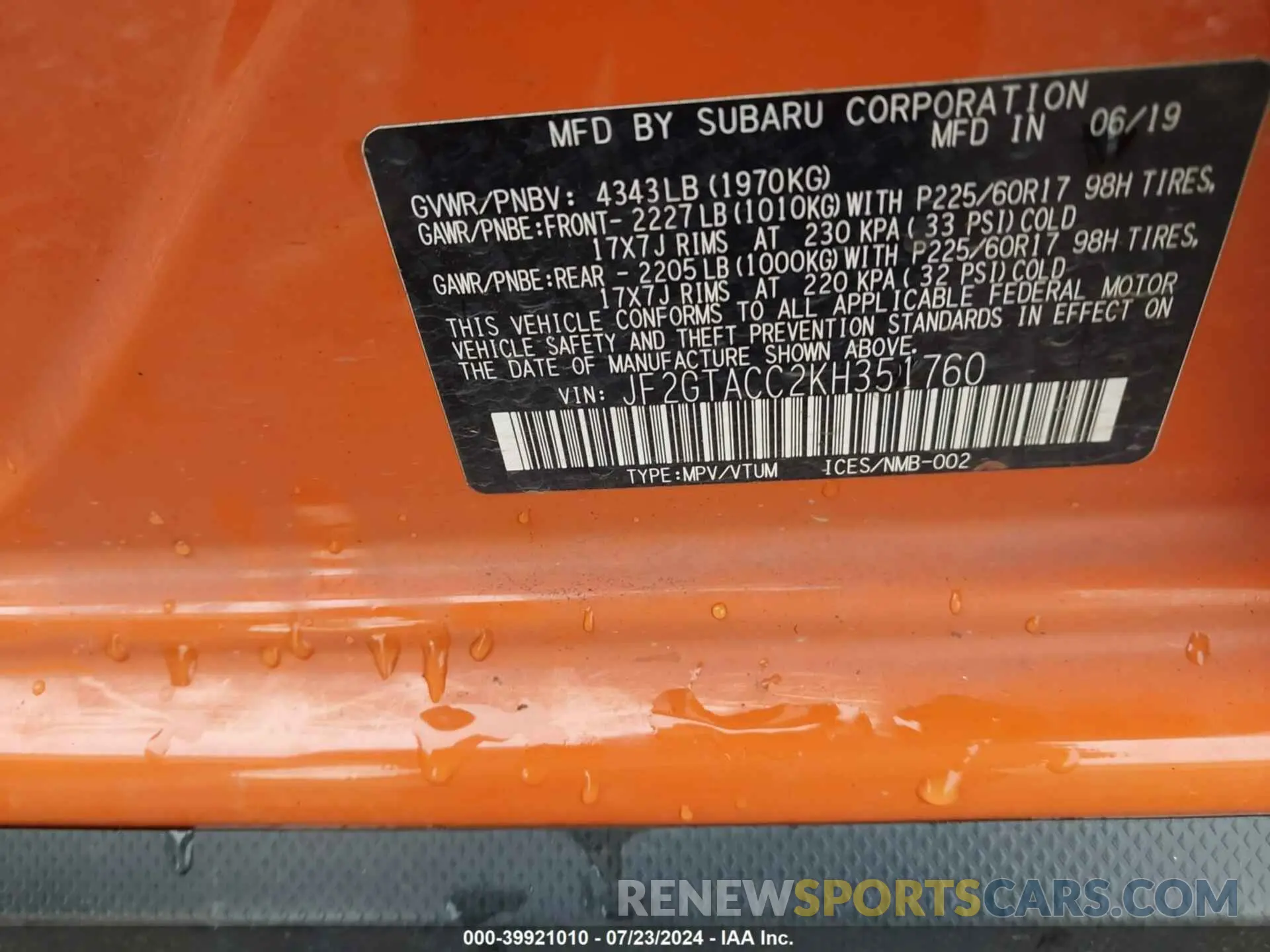 9 Фотография поврежденного автомобиля JF2GTACC2KH351760 SUBARU CROSSTREK 2019