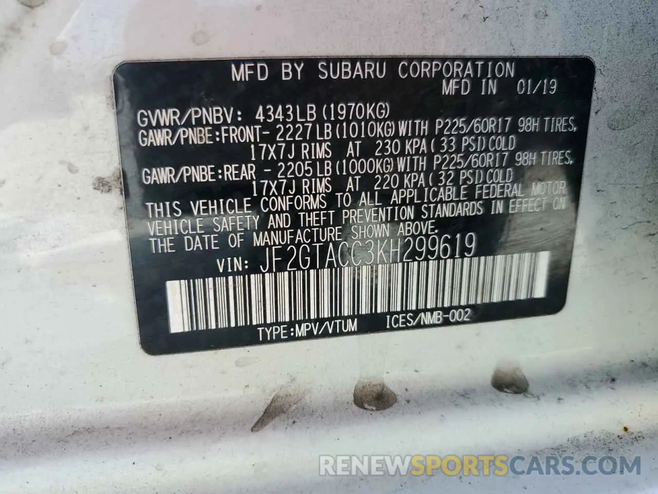 12 Фотография поврежденного автомобиля JF2GTACC3KH299619 SUBARU CROSSTREK 2019