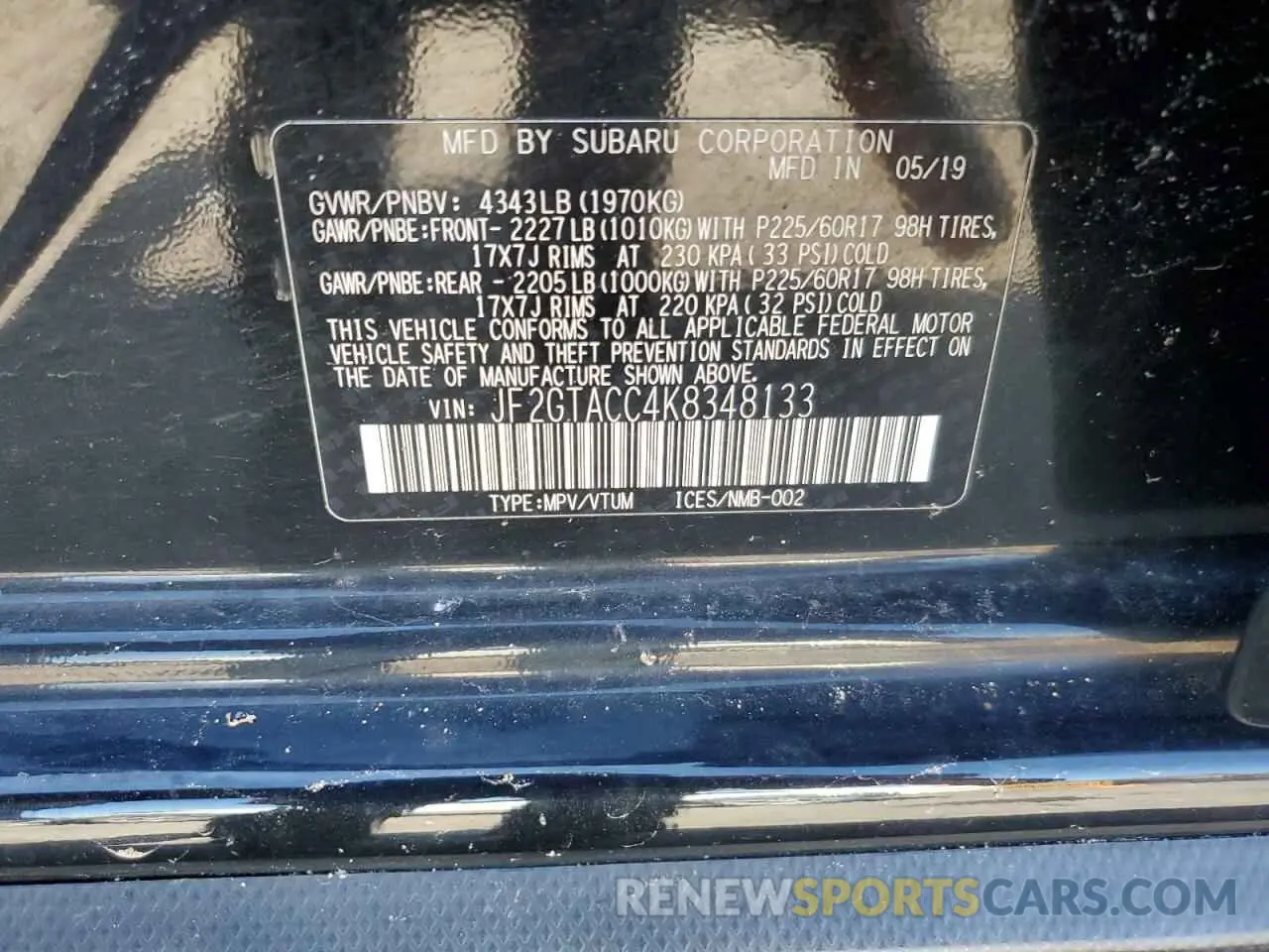 15 Photograph of a damaged car JF2GTACC4K8348133 SUBARU CROSSTREK 2019