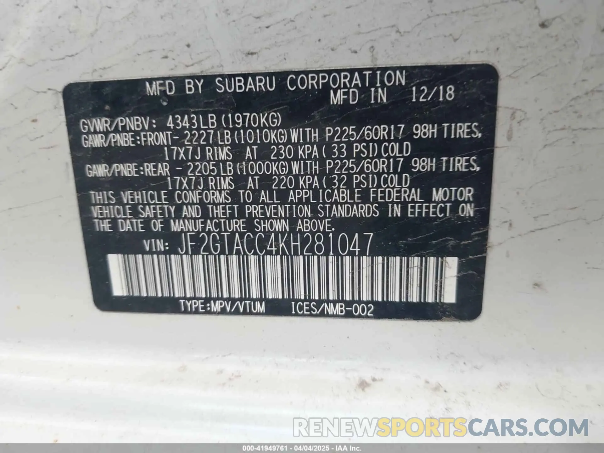 9 Фотография поврежденного автомобиля JF2GTACC4KH281047 SUBARU CROSSTREK 2019