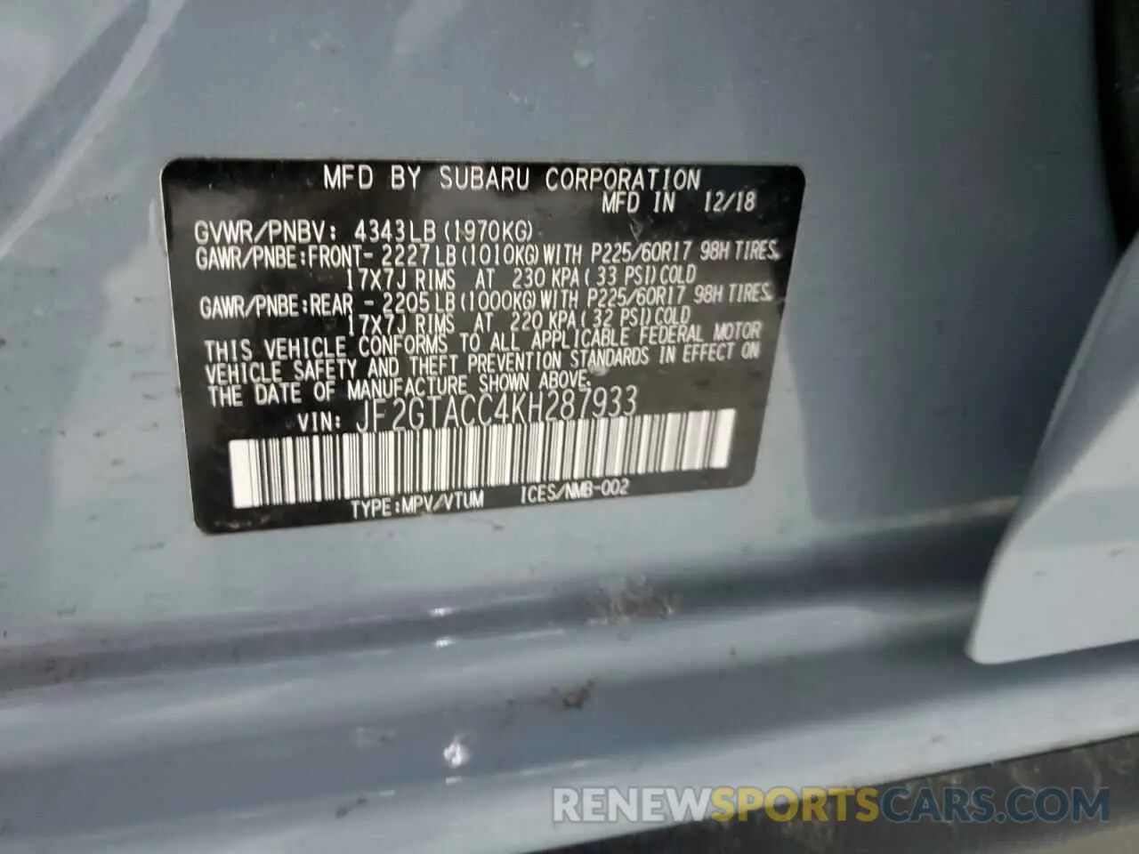 15 Photograph of a damaged car JF2GTACC4KH287933 SUBARU CROSSTREK 2019