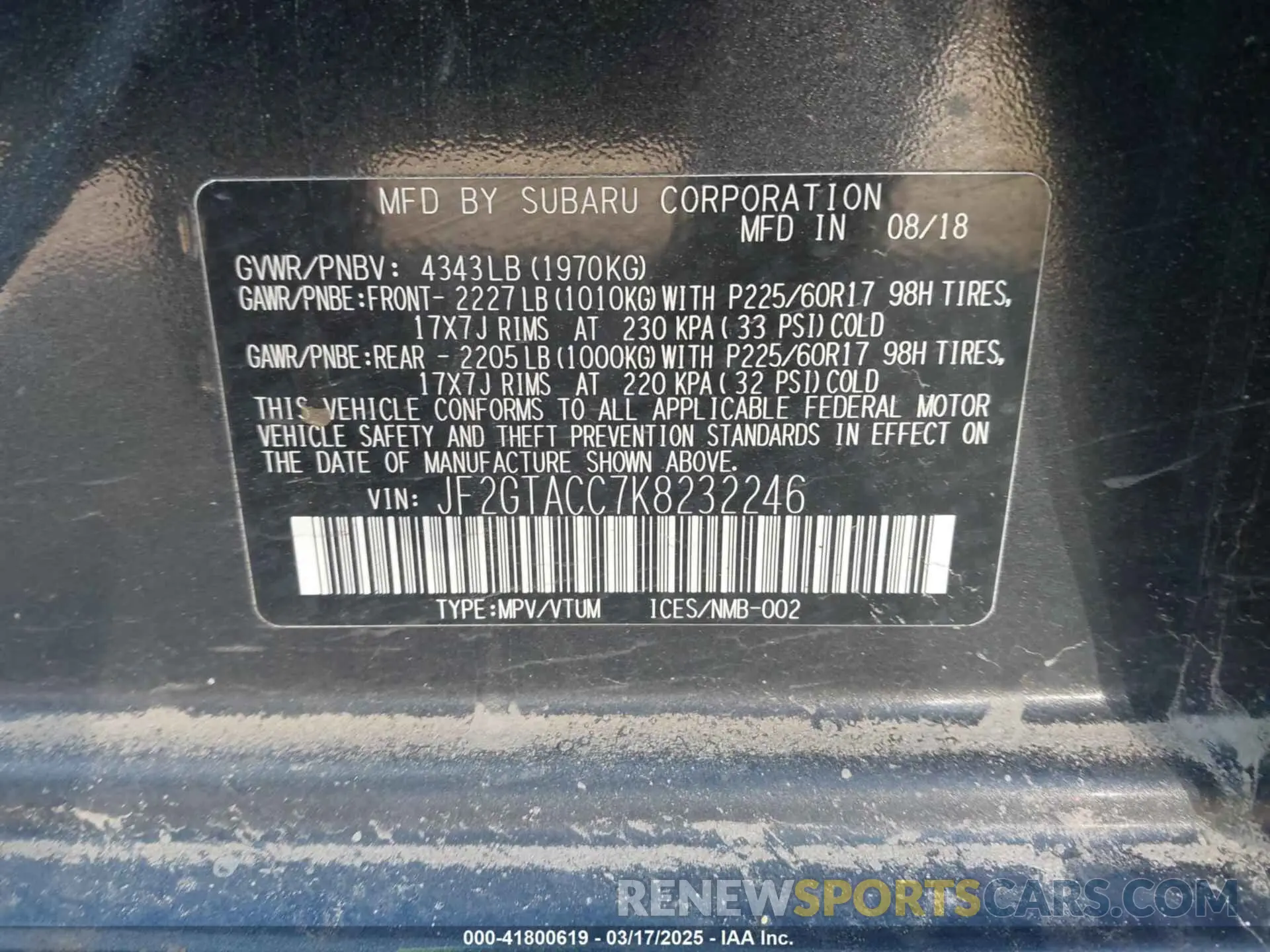 9 Фотография поврежденного автомобиля JF2GTACC7K8232246 SUBARU CROSSTREK 2019