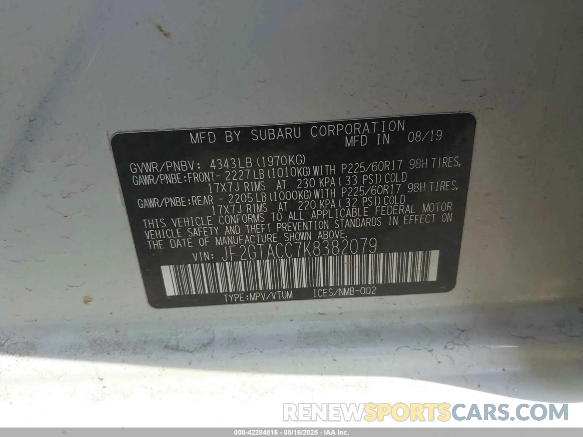 9 Photograph of a damaged car JF2GTACC7K8382079 SUBARU CROSSTREK 2019