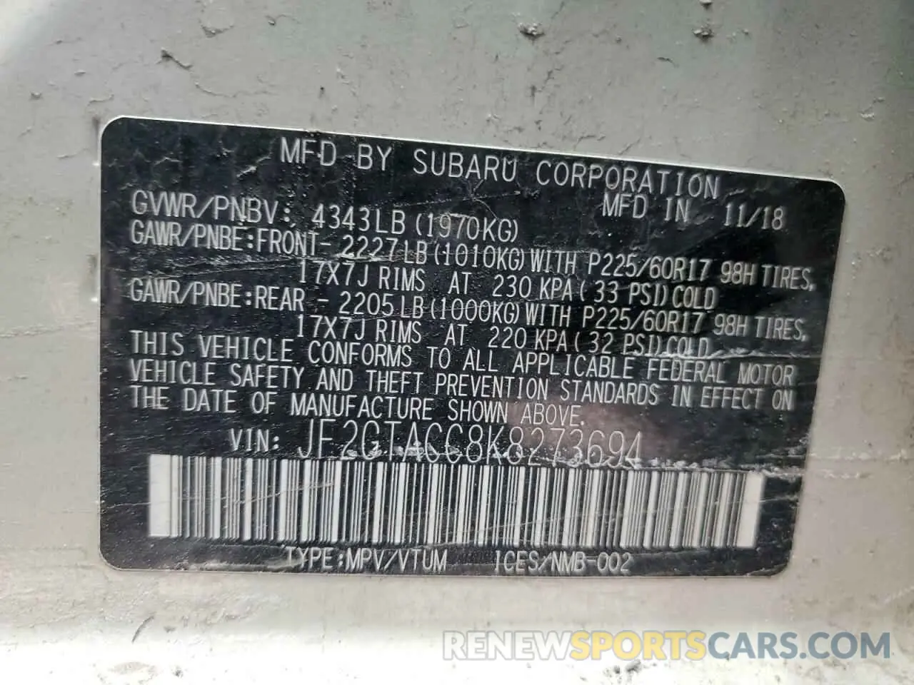 12 Photograph of a damaged car JF2GTACC8K8273694 SUBARU CROSSTREK 2019