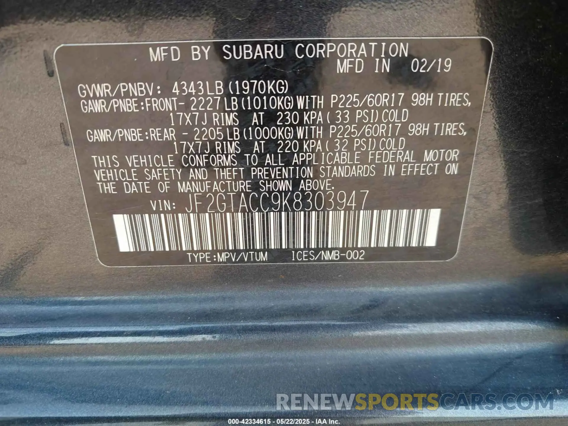 9 Photograph of a damaged car JF2GTACC9K8303947 SUBARU CROSSTREK 2019