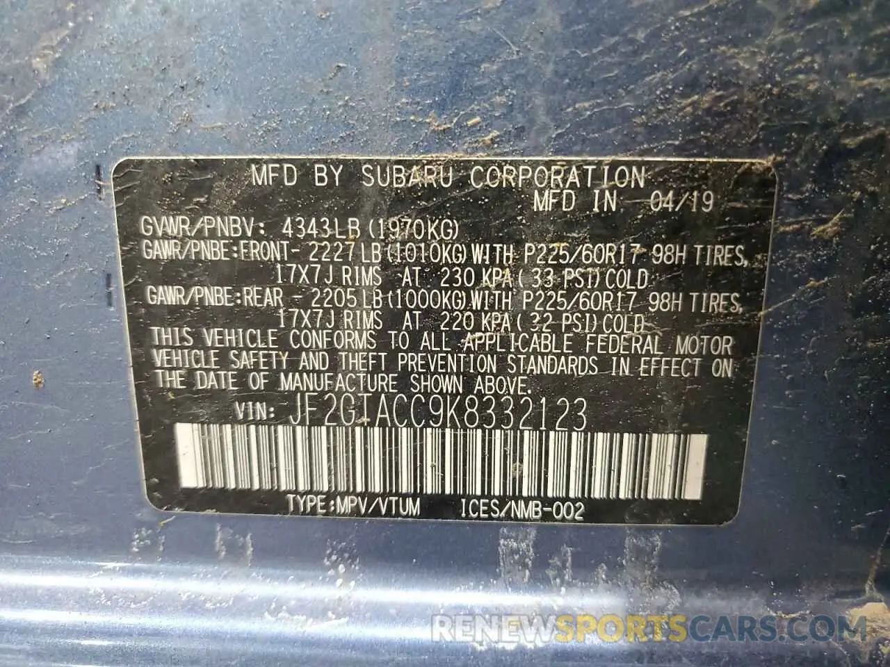12 Photograph of a damaged car JF2GTACC9K8332123 SUBARU CROSSTREK 2019