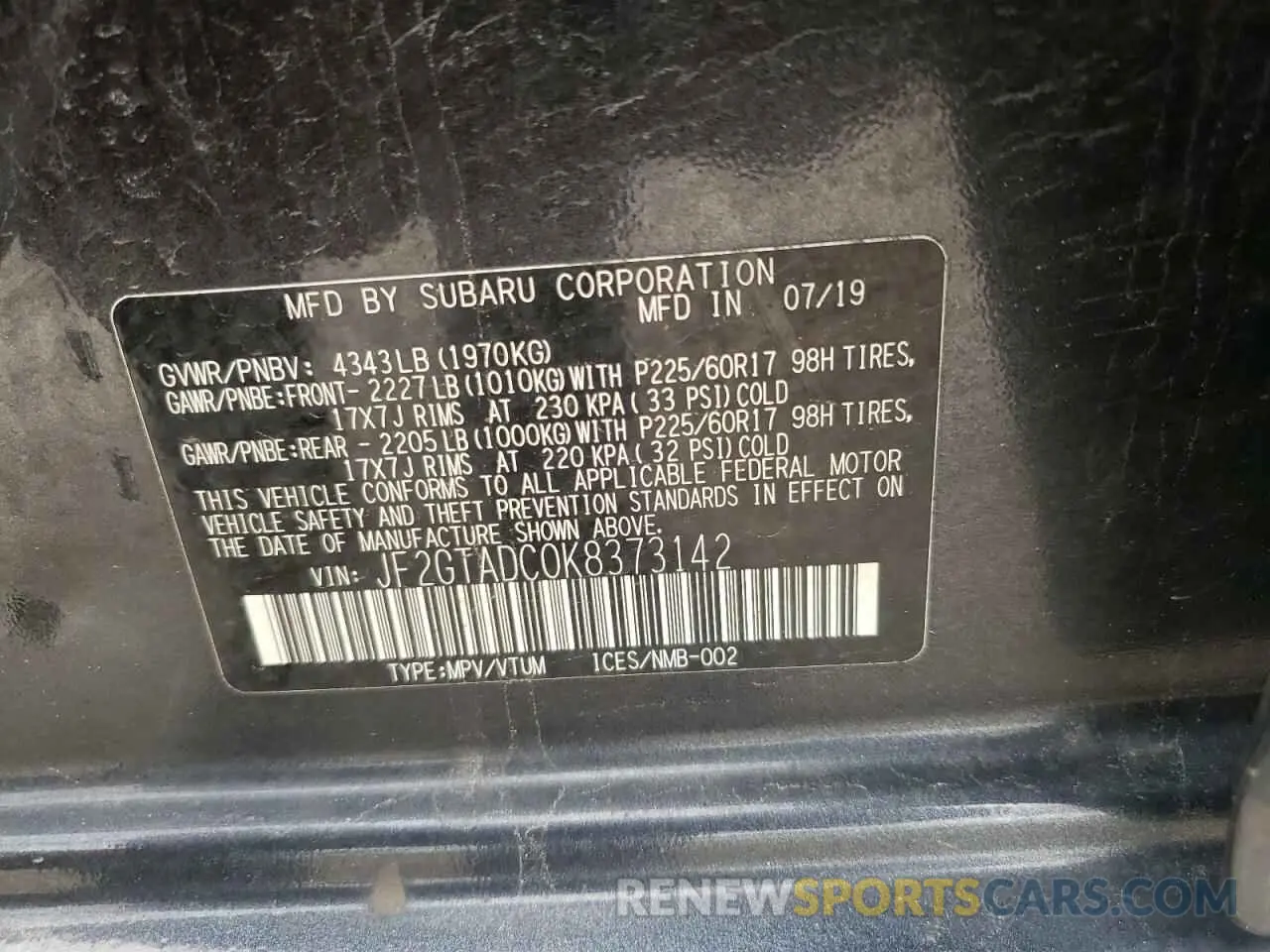 13 Фотография поврежденного автомобиля JF2GTADC0K8373142 SUBARU CROSSTREK 2019