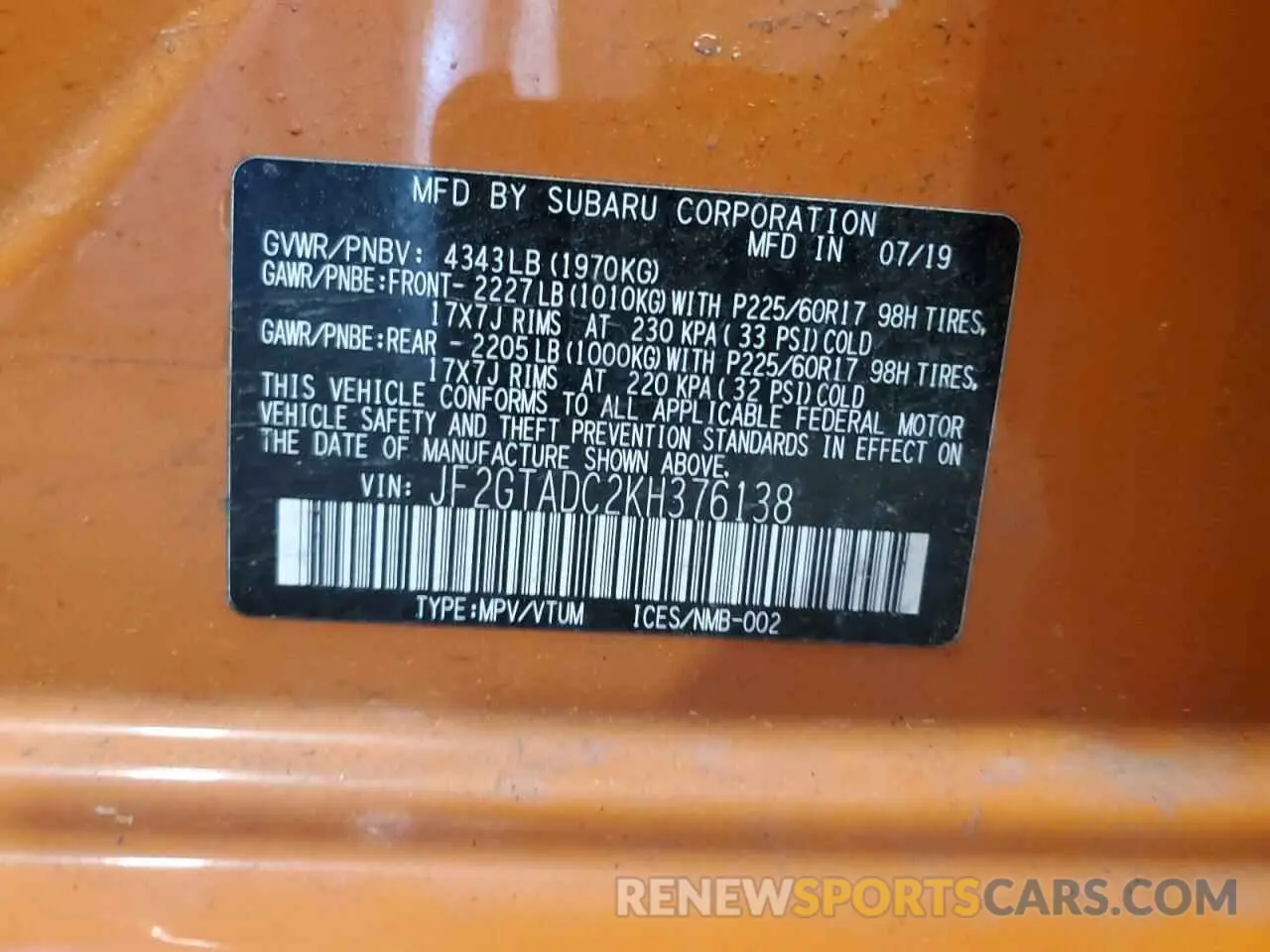 12 Photograph of a damaged car JF2GTADC2KH376138 SUBARU CROSSTREK 2019