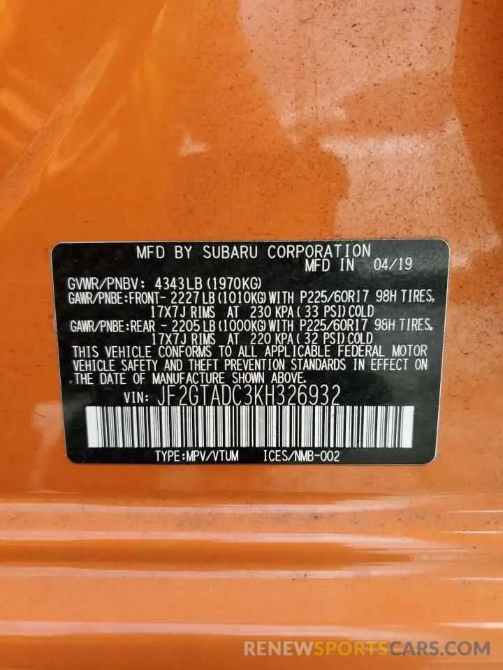 15 Photograph of a damaged car JF2GTADC3KH326932 SUBARU CROSSTREK 2019