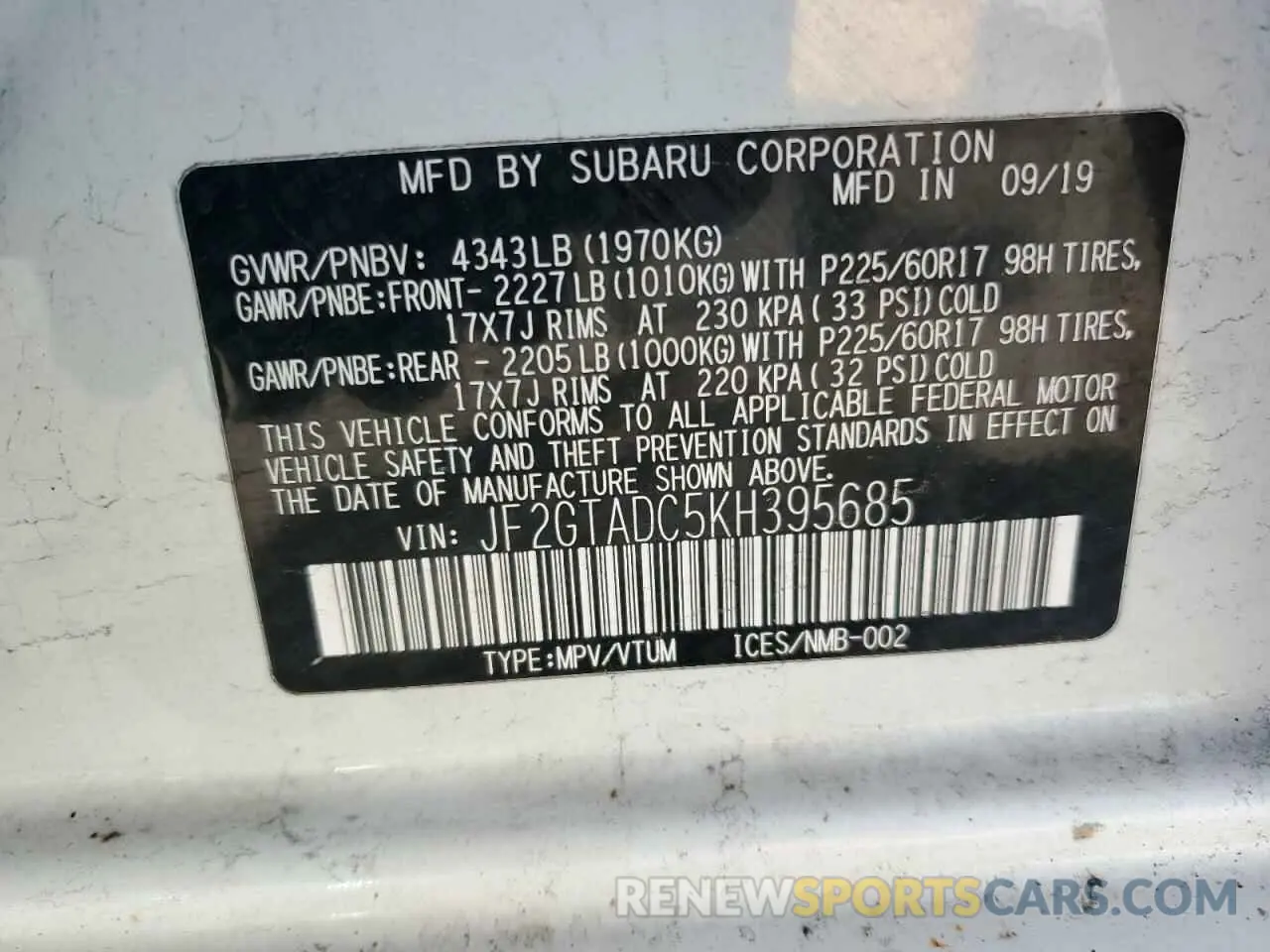 13 Photograph of a damaged car JF2GTADC5KH395685 SUBARU CROSSTREK 2019