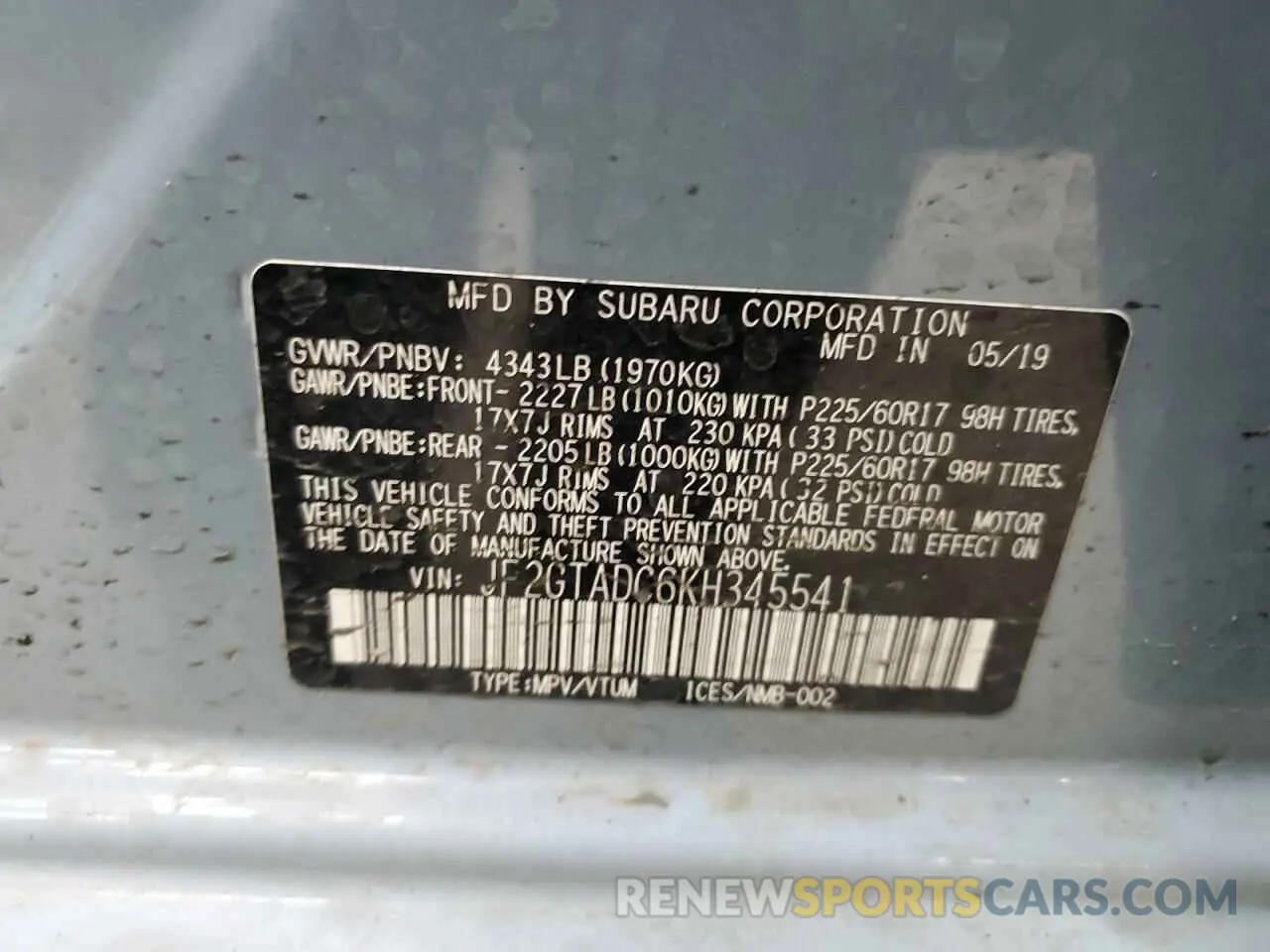 15 Photograph of a damaged car JF2GTADC6KH345541 SUBARU CROSSTREK 2019