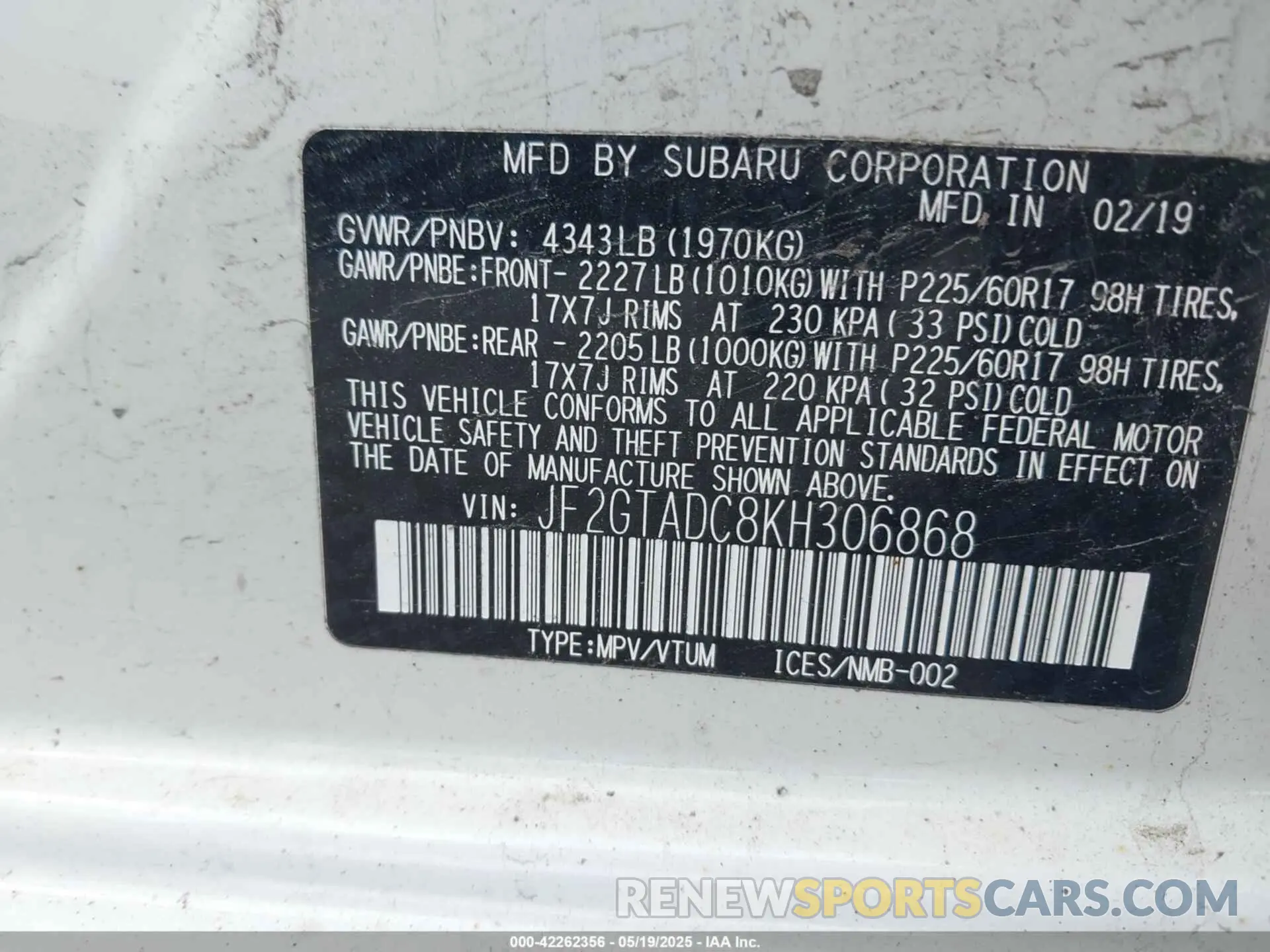 9 Photograph of a damaged car JF2GTADC8KH306868 SUBARU CROSSTREK 2019